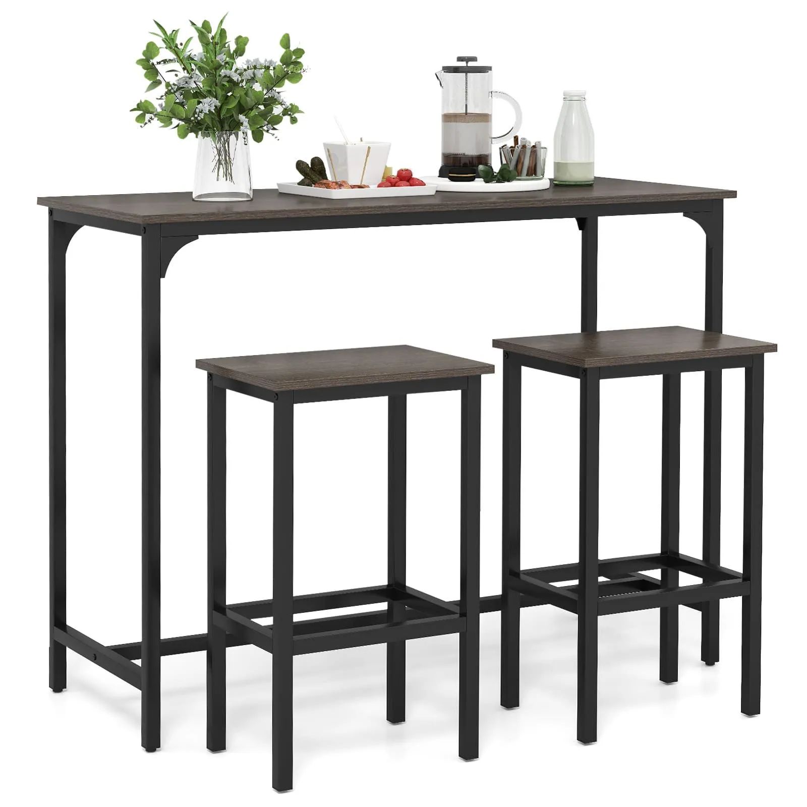 Costway 3Pcs Dining Table Set Counter-Height Kitchen Table & 2 Stools in Grey