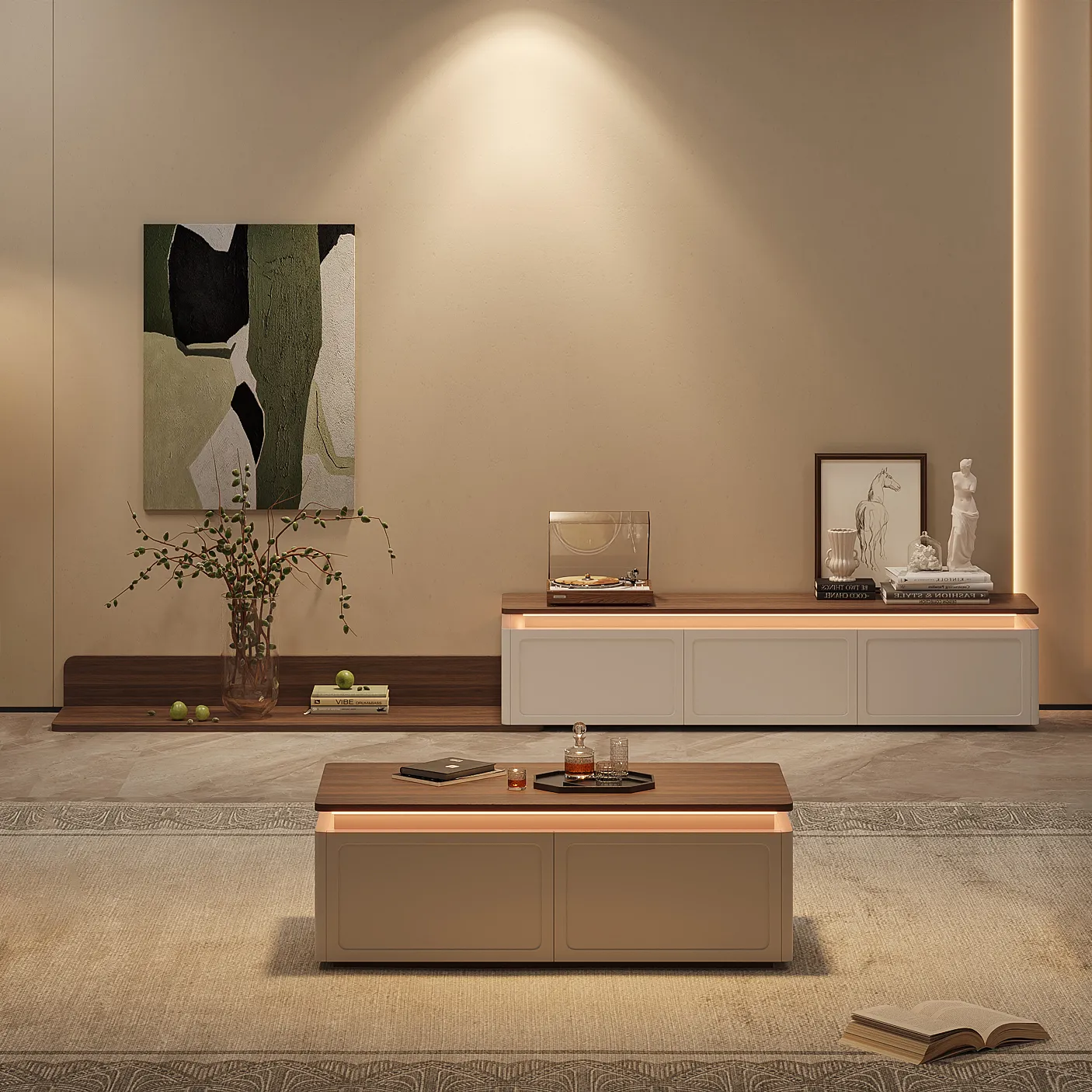 Ambra Modern TV Stand Retracted & Extendable 3-Drawer Light Media Console Walnut & White Coffee Table Set