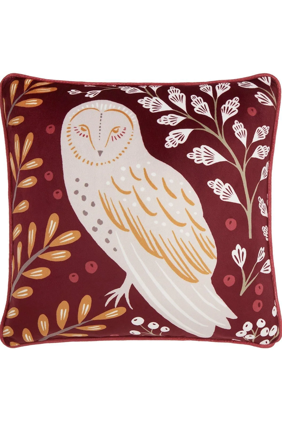 Dreams & Drapes 'Enchanted' Owl Print Velvet Filled Cushion in Red 3