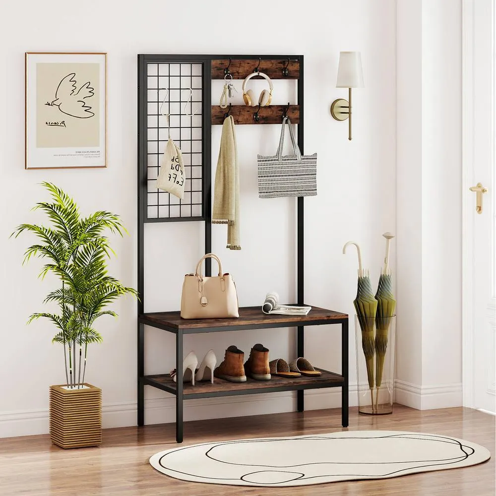 Costway Industrial Coat Rack with Shoe Bench & Wall Grid Panel-Brown in Brown