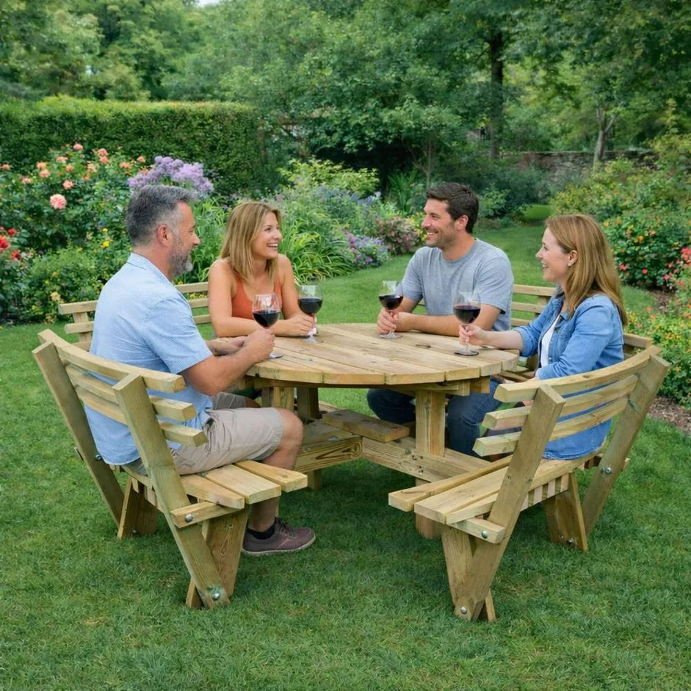 Churnet Valley Garden Furniture Ltd Westwood Round 8 Seat Picnic Table With Backrests - L205XW205XH80 cm in Light Brown 5