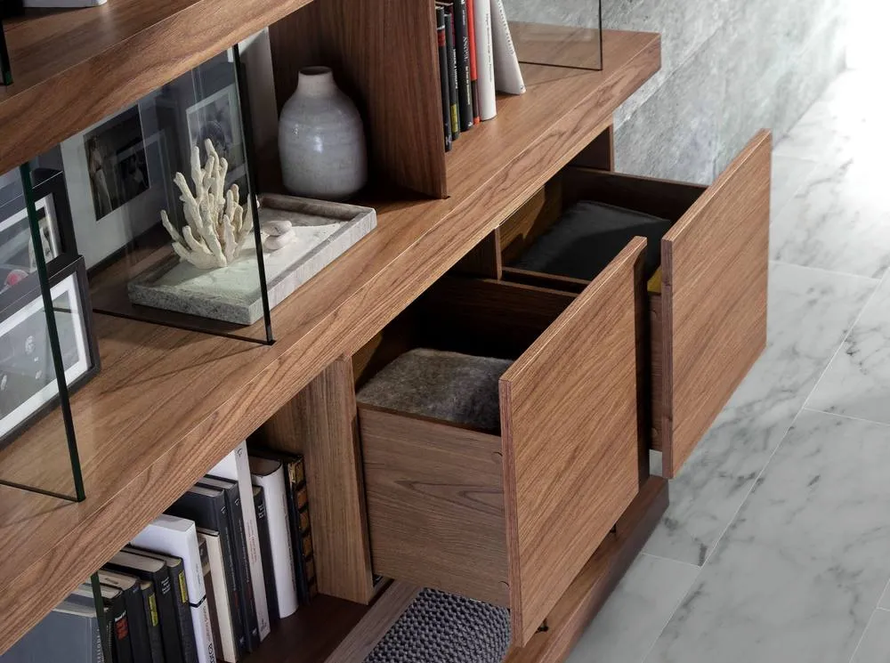 Angel Cerda Walnut Veneer Bookcase with Tempered Glass Sides in Brown 5