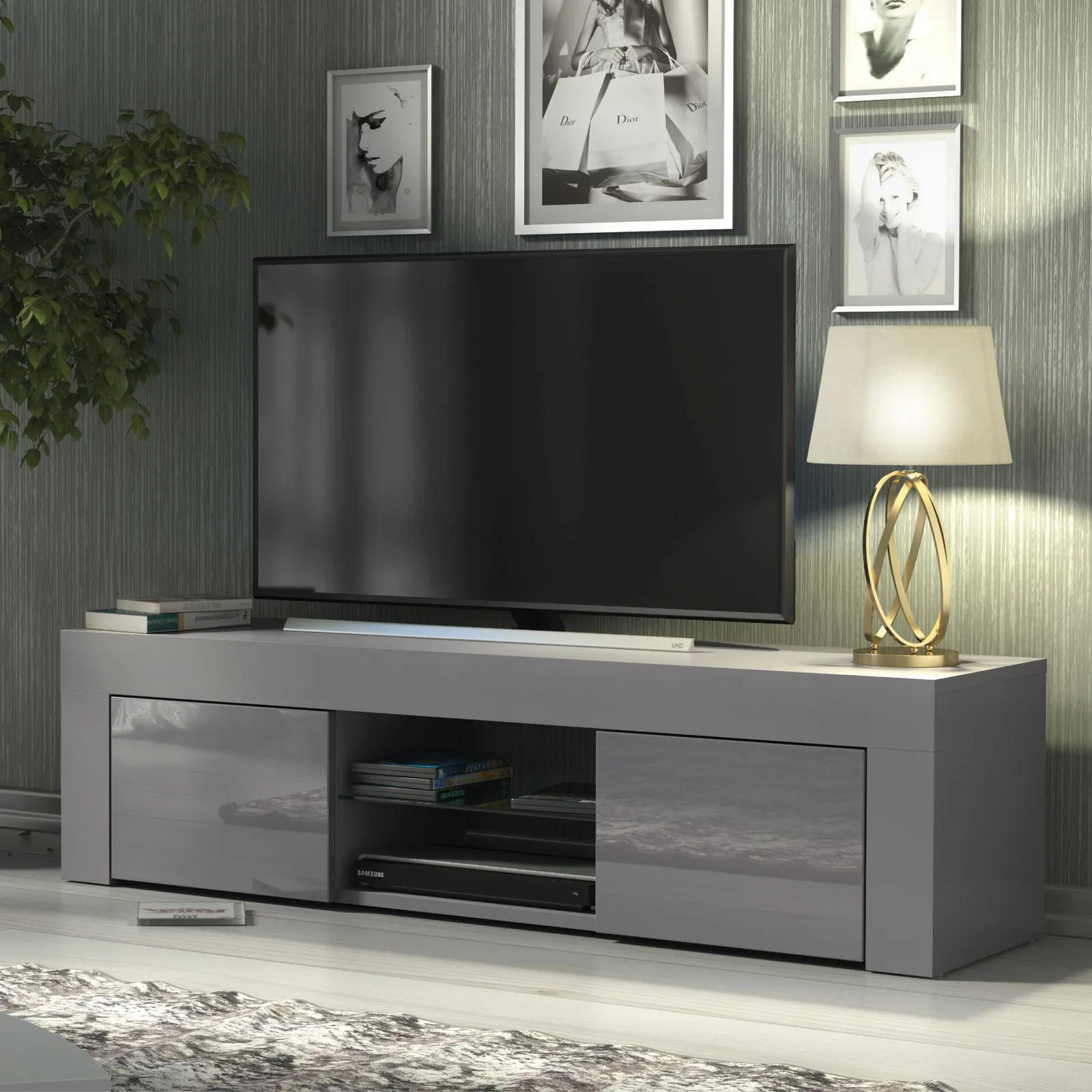 Creative Furniture TV Unit 130cm Modern - Dark Grey with High Gloss Doors