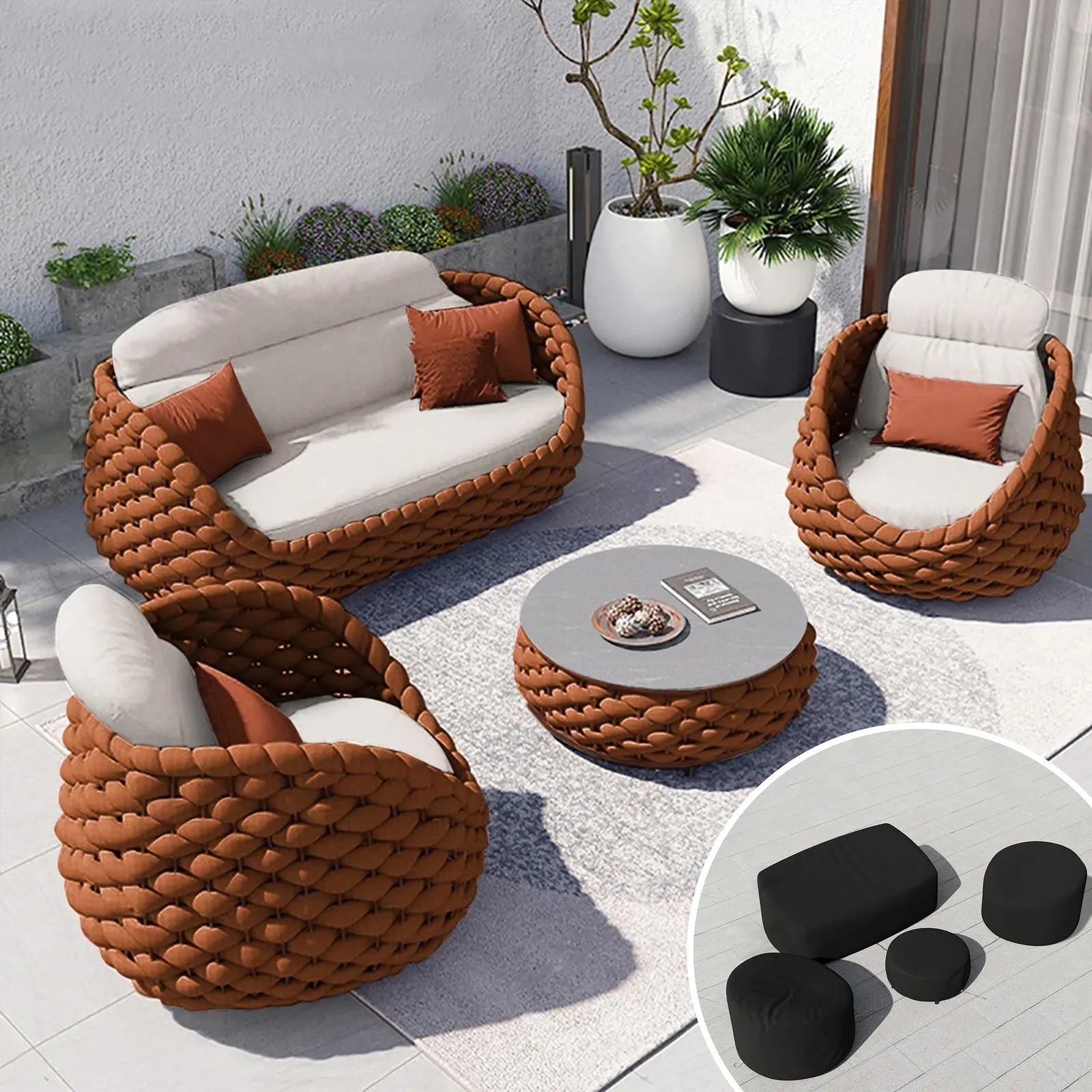 Cocaro 8-Piece Outdoor Rope Weave Sofa Set with Black Cover in Orange
