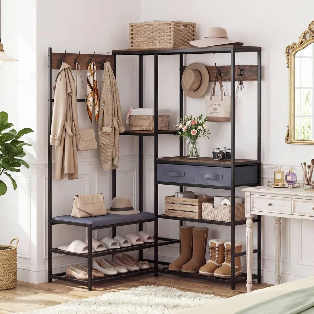 Costway 152 cm Corner Coat Rack with Shoe Bench L-Shaped Garment Rack With 7 Hooks in Brown 5