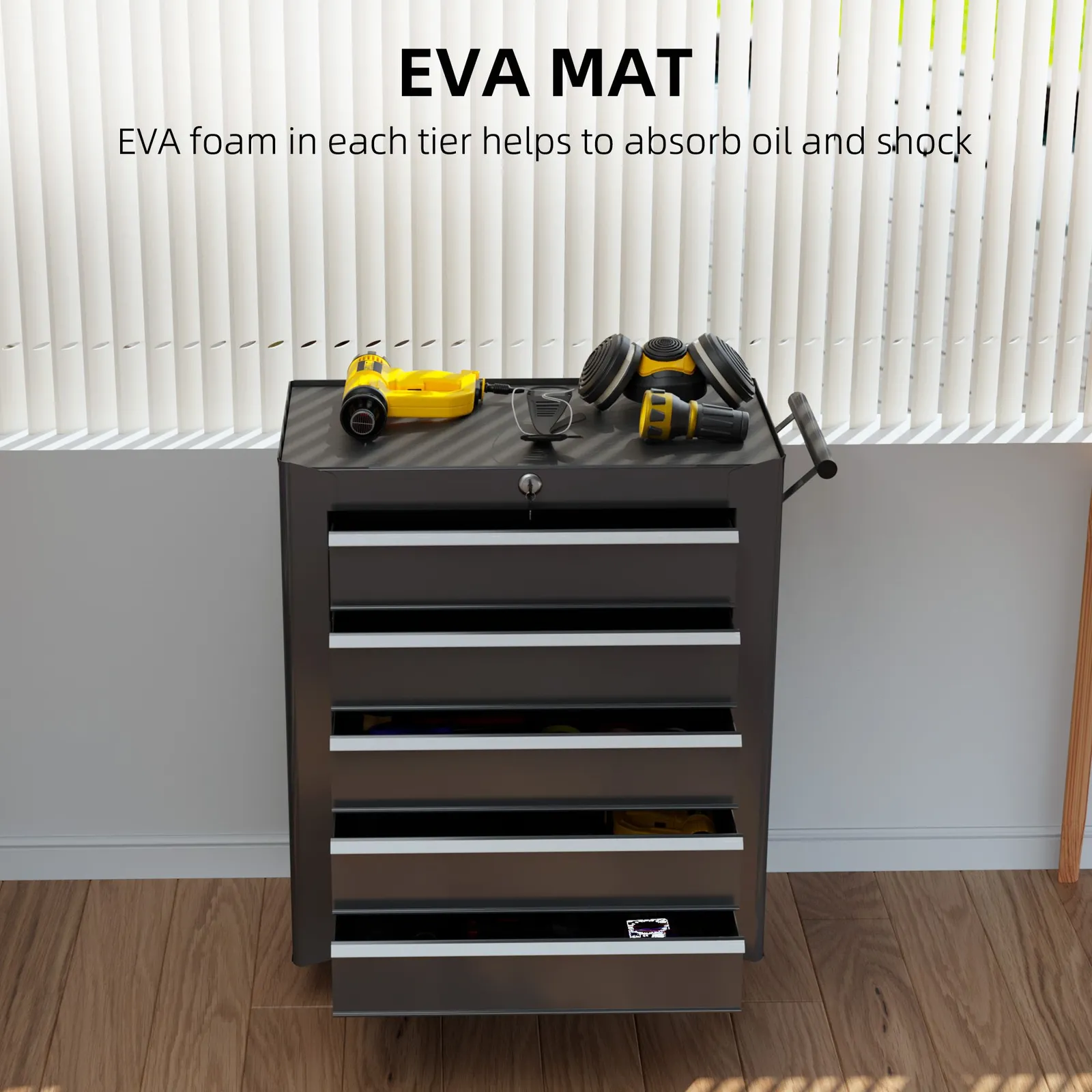 HOMCOM 5-Drawer Tool Chest Steel Lockable Tool Storage Cabinet w/ Wheels in Black 5