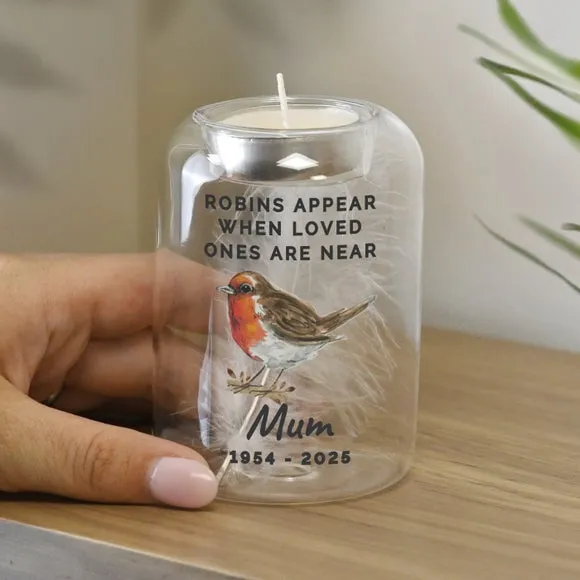 Personalised Robin Memorial Feather Tealight Holder 2