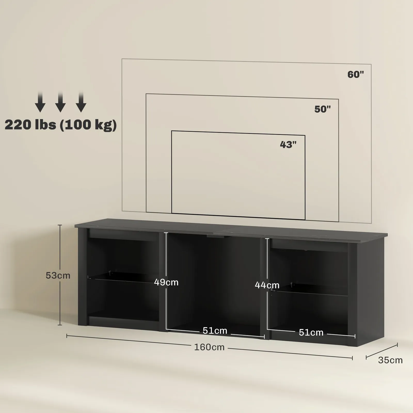 HOMCOM 160cm TV Unit w/ LED Lights for 70" TV Modern TV Stand Cabinet Black 3