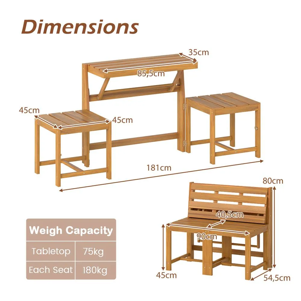 Costway 3-in-1 Convertible Bench Acacia Wood Outdoor Dining Table in Brown 2