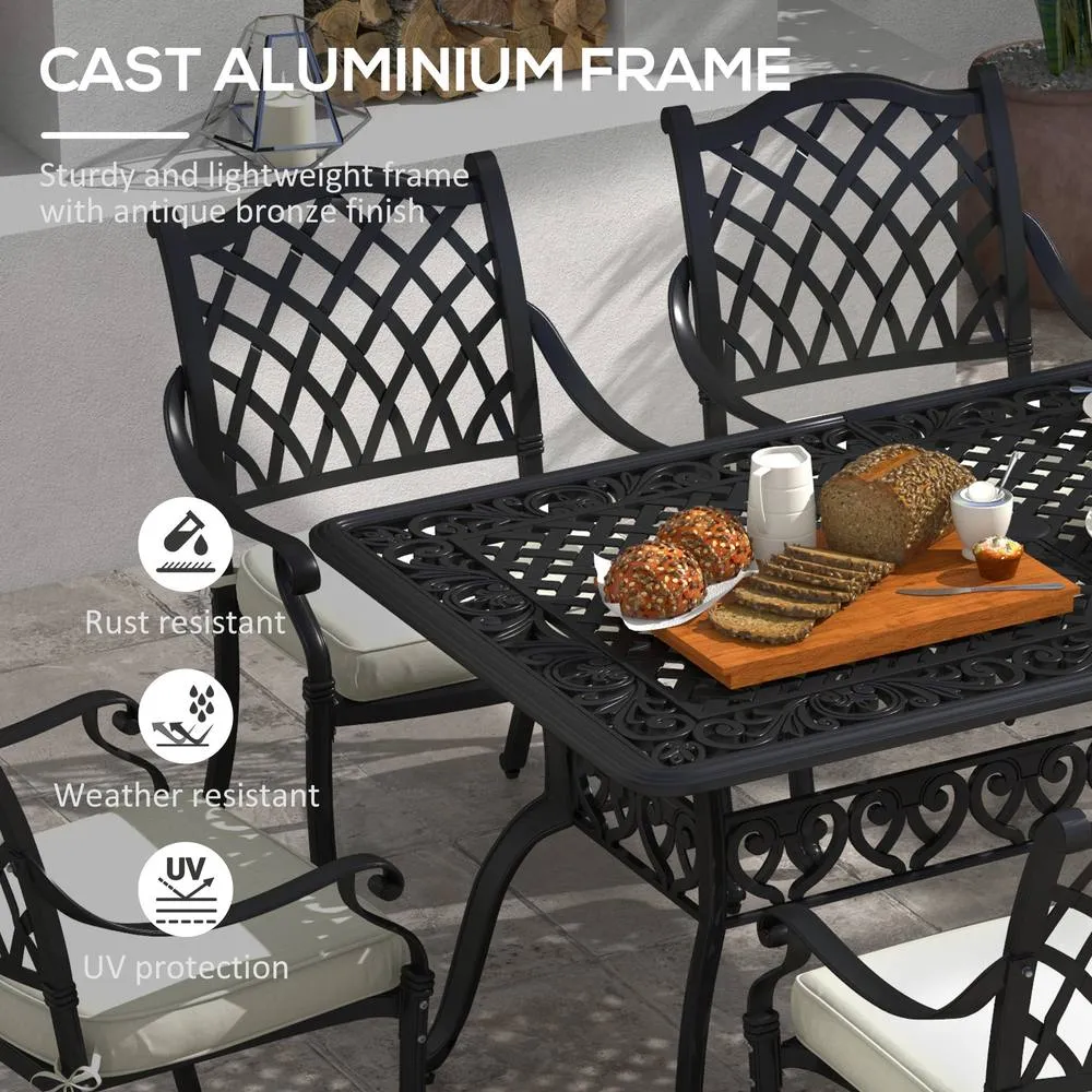 OUTSUNNY 7-PC Cast Aluminum Patio Dining Set w/ Umbrella Hole & Cushion in Black 4