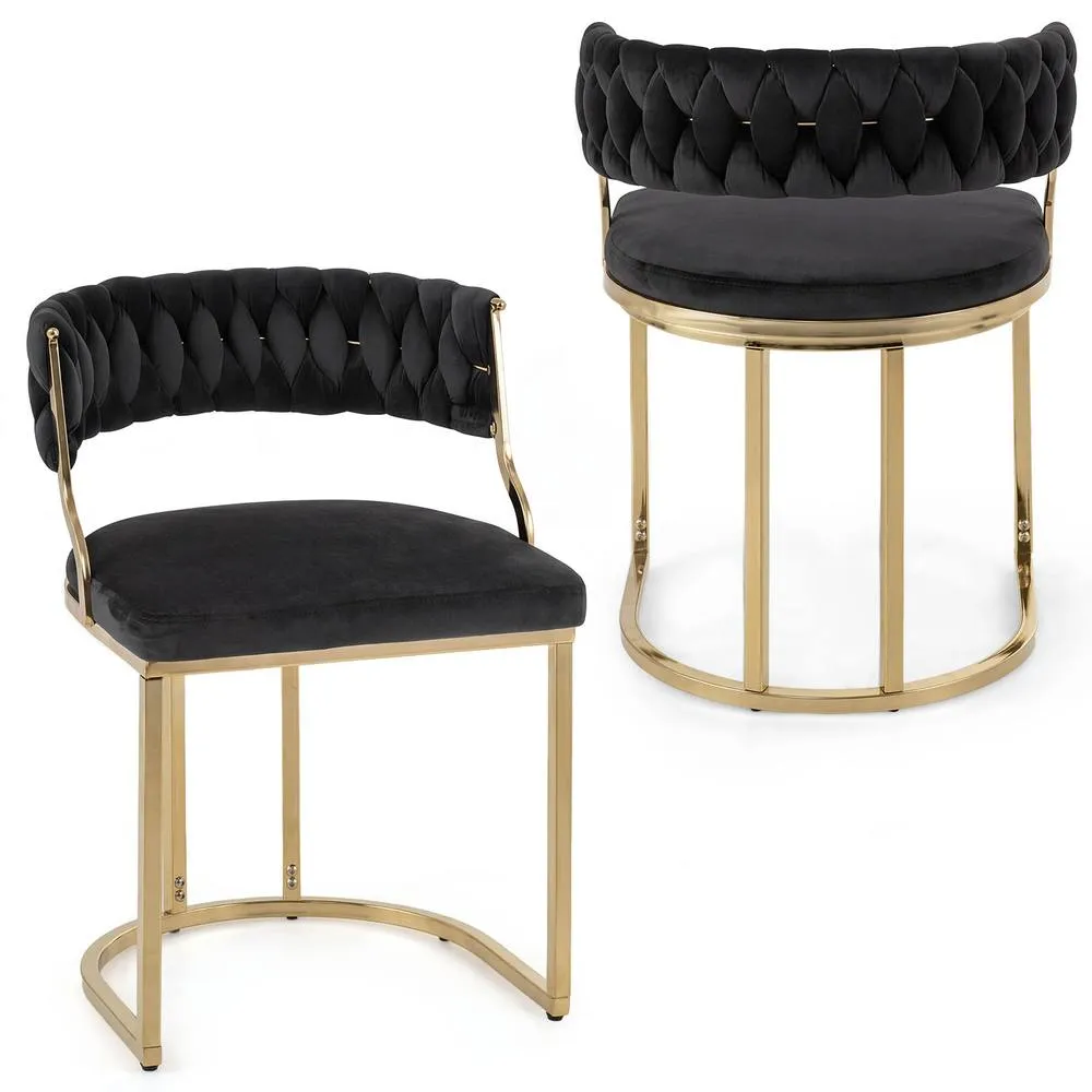 Costway 2PCS Velvet Dining Chairs Modern Woven Upholstered Accent Chairs in Black