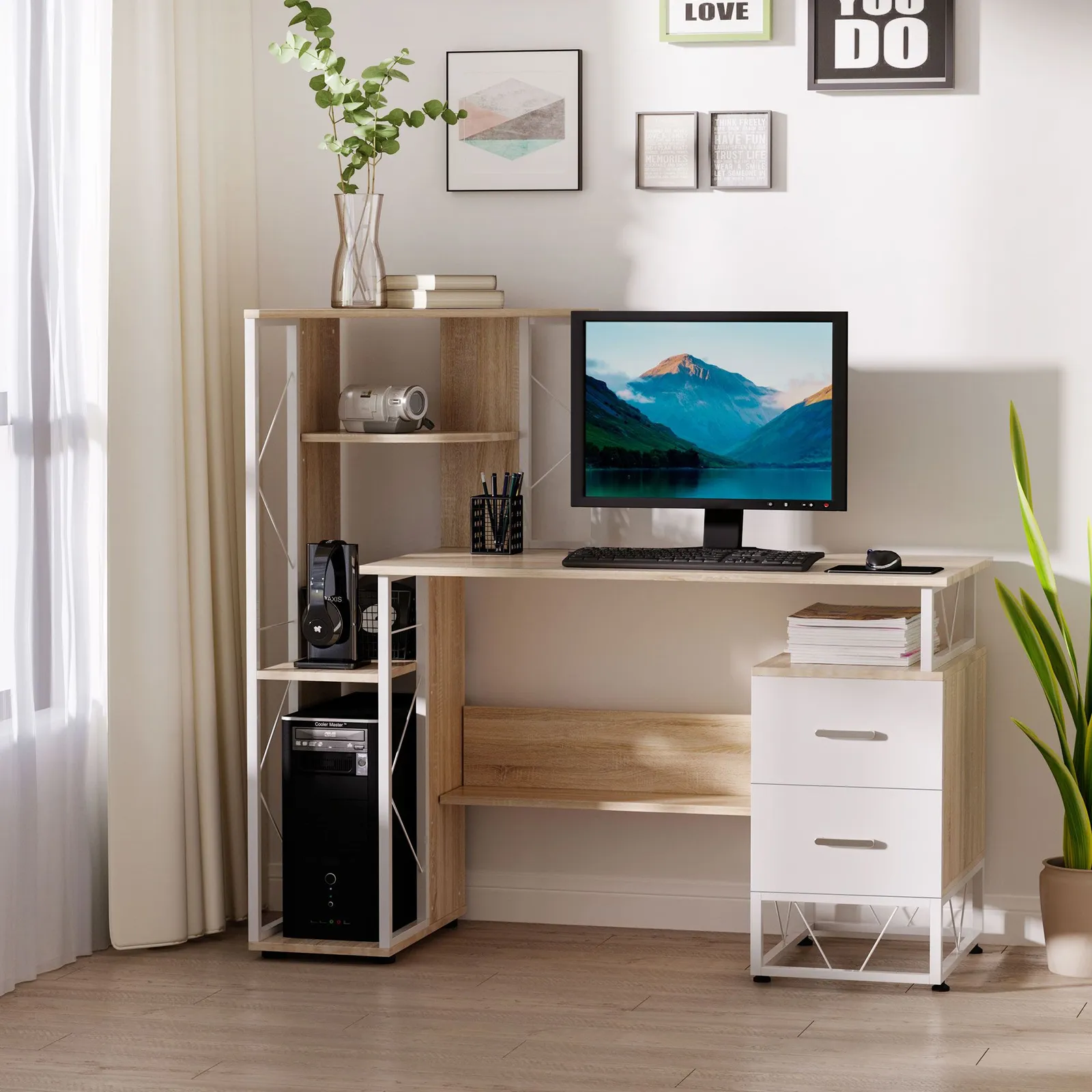 HOMCOM Computer PC Laptop Desk Table Shelf 2 Drawers Bookstore workstation in White