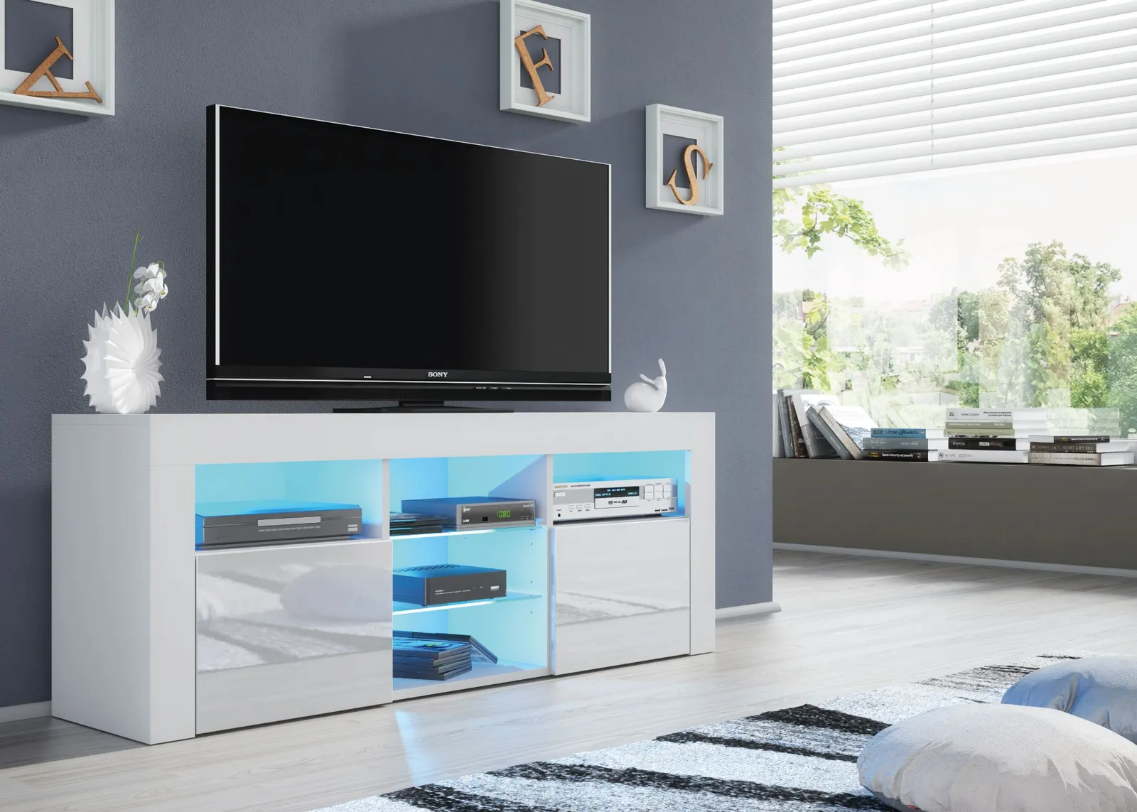 Creative Furniture Pulse TV Unit 145cm - A Stylish & Practical Cabinet with Gloss Doors & LED Lights in White 6