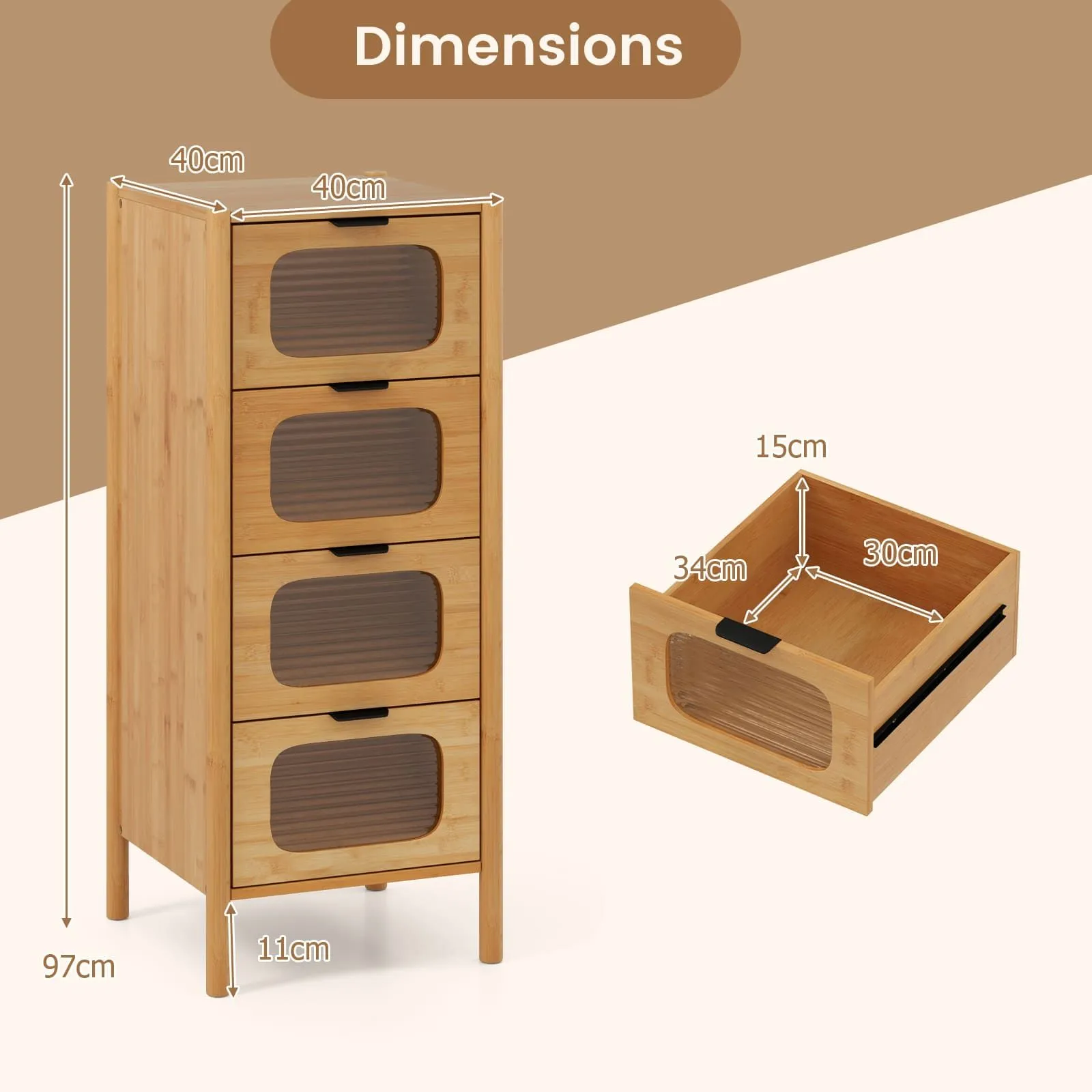 Costway 4-Drawer Dresser Bamboo Storage Cabinet w/Tempered Glass Drawers in Natural 6