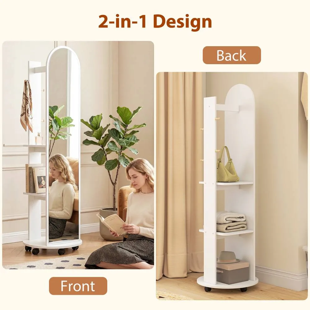 HOMCOM 2-in-1 Full Length Mirror with Shelves, 4 Wheels in White 4