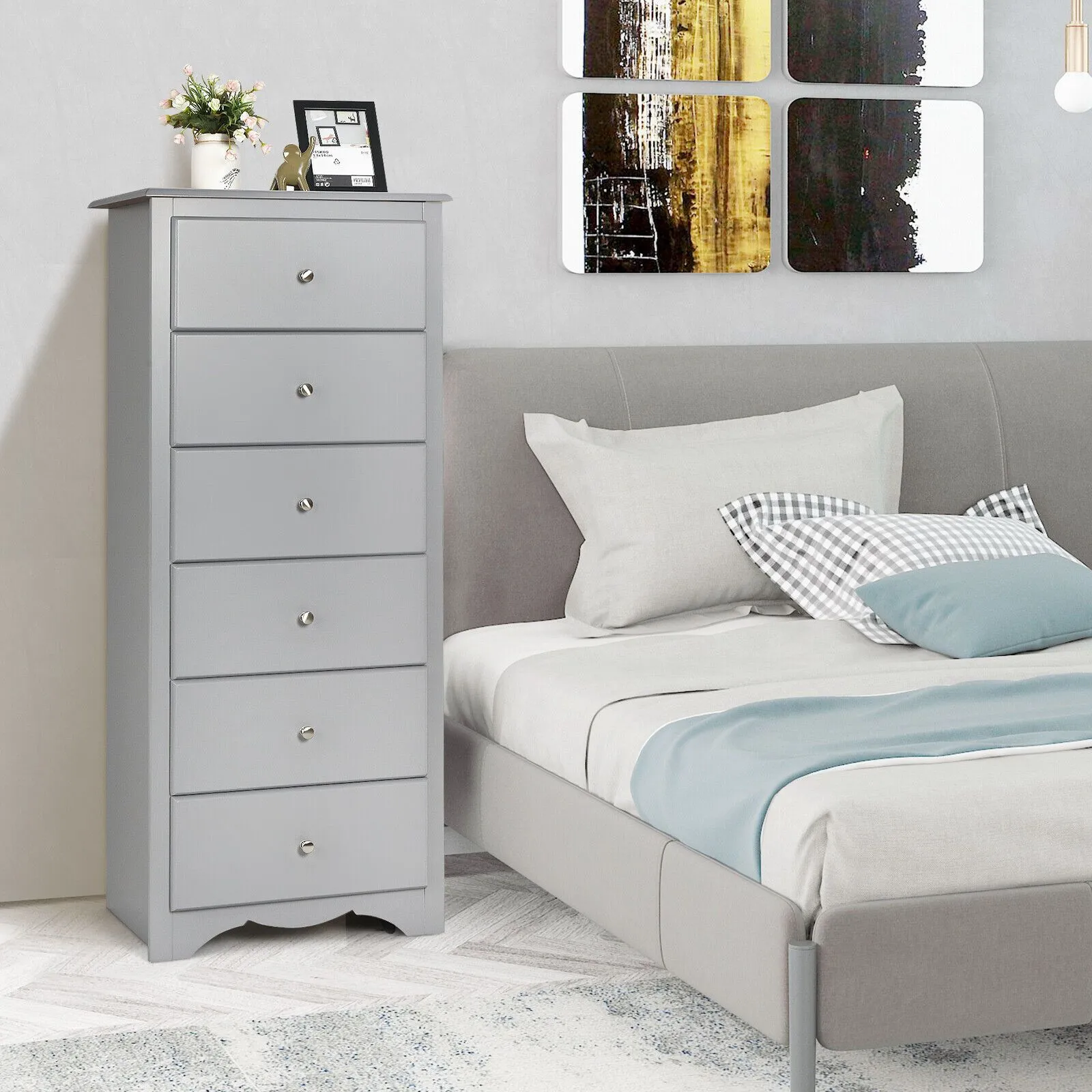 Costway Chest of Drawers Free Standing 6 Drawers Wooden Storage Cabinet W/ Metal Handles in Grey 3