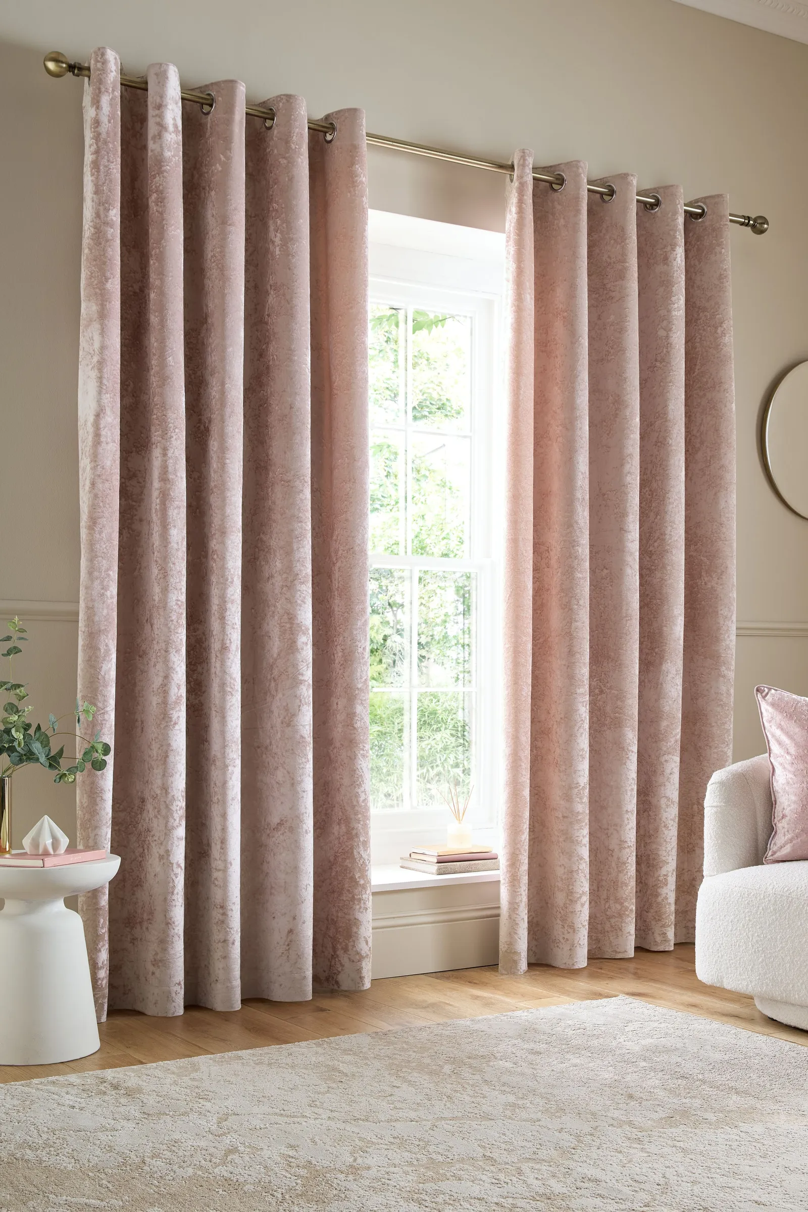 Catherine Lansfield 'Crushed Velvet' Lined Eyelet Curtains in Pink 1