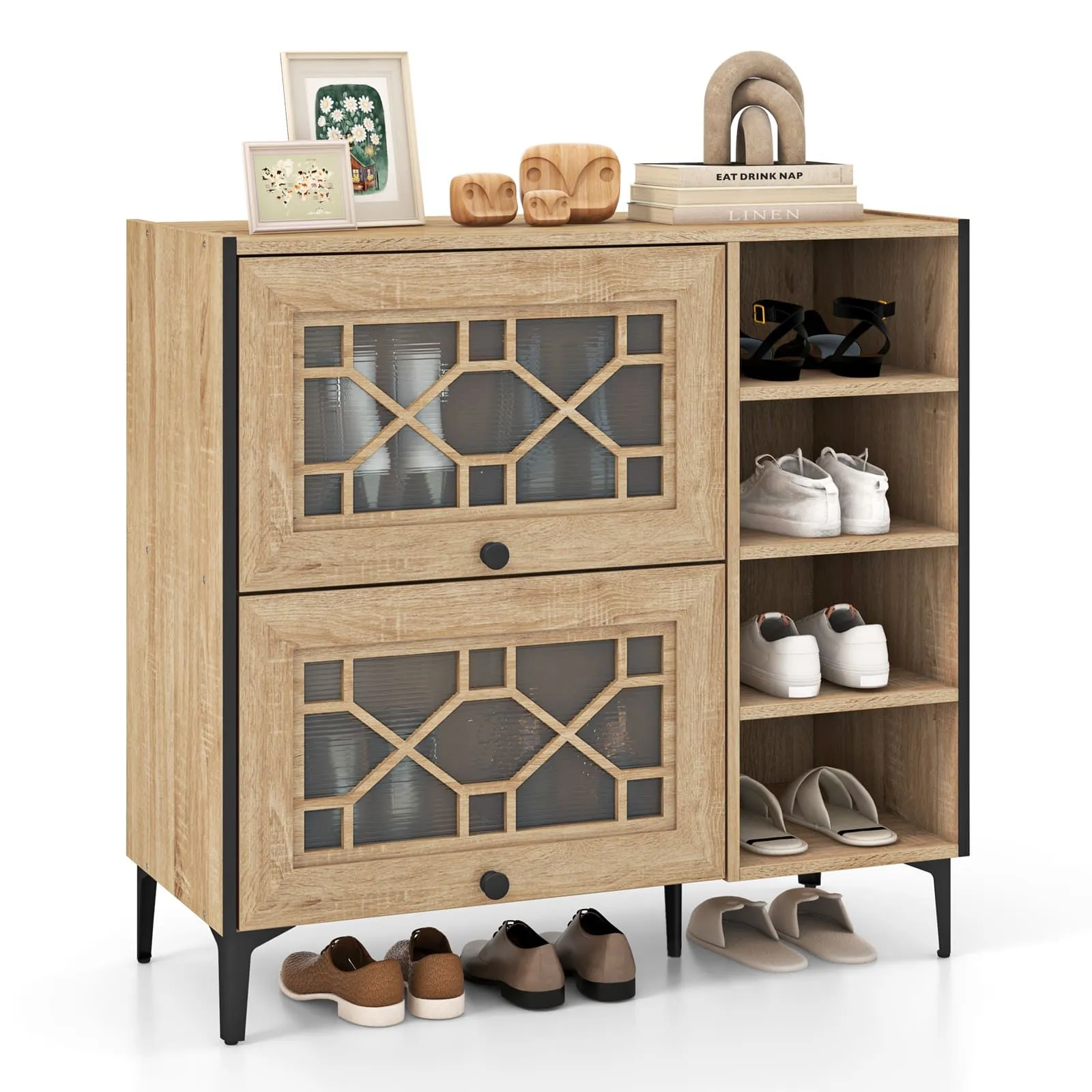 Costway Shoe Storage Cabinet Freestanding Shoe Organizer w/ Flip Doors-Oak in Light Oak