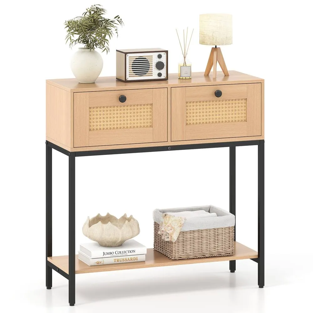 Costway 80CM Boho Console Table Modern Wooden Entryway Table w/2 Drawers in Natural 3