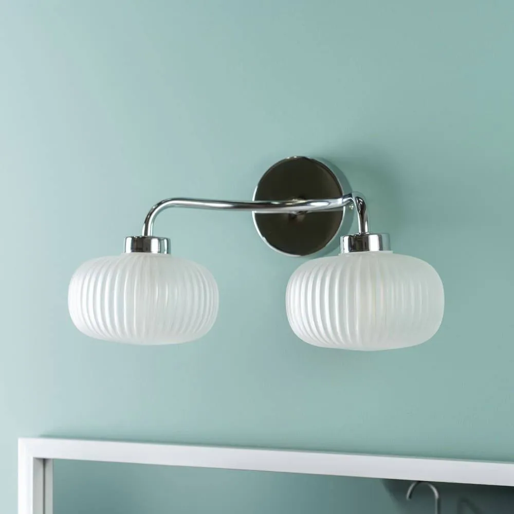 ValueLights Amaia Pair of Chrome 2 Way Frosted Glass IP44 Wall Lights with Bulbs in Metallic Silver
