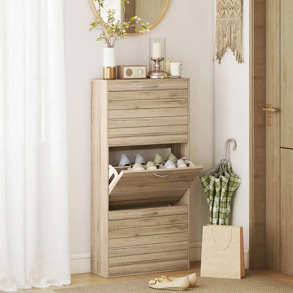 HOMCOM Slim Shoe Storage Cabinet with 3 Flip Drawers, Oak Wood Grain in Light Oak 2
