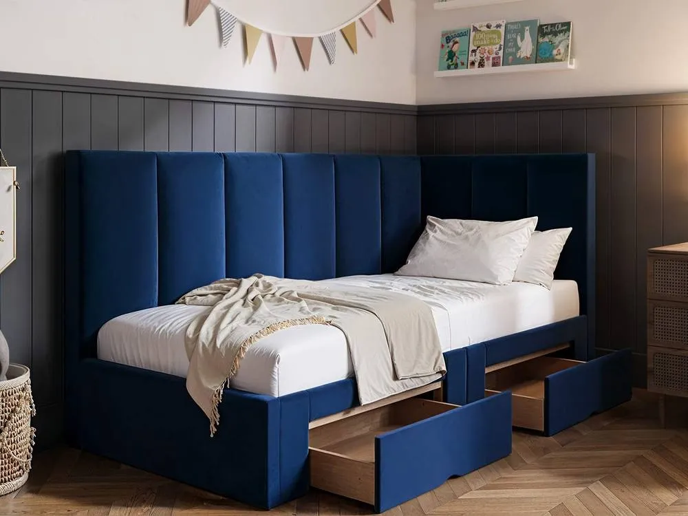 Flair Harley Corner Fabric Bed Frame with Storage Drawers in Blue 2
