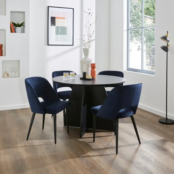 Effy 4 Seater Round Dining Table with 4 Lillia Navy Velvet Dining Chairs