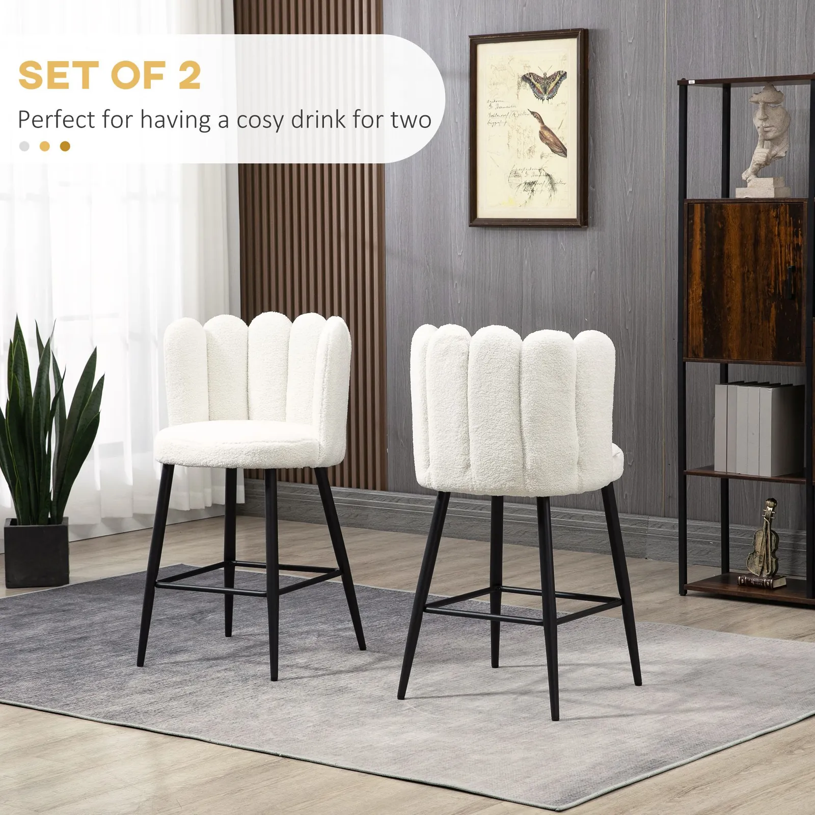 HOMCOM Fluffy Upholstered Breakfast Bar Stools Set of 2 with Back, Cream 4