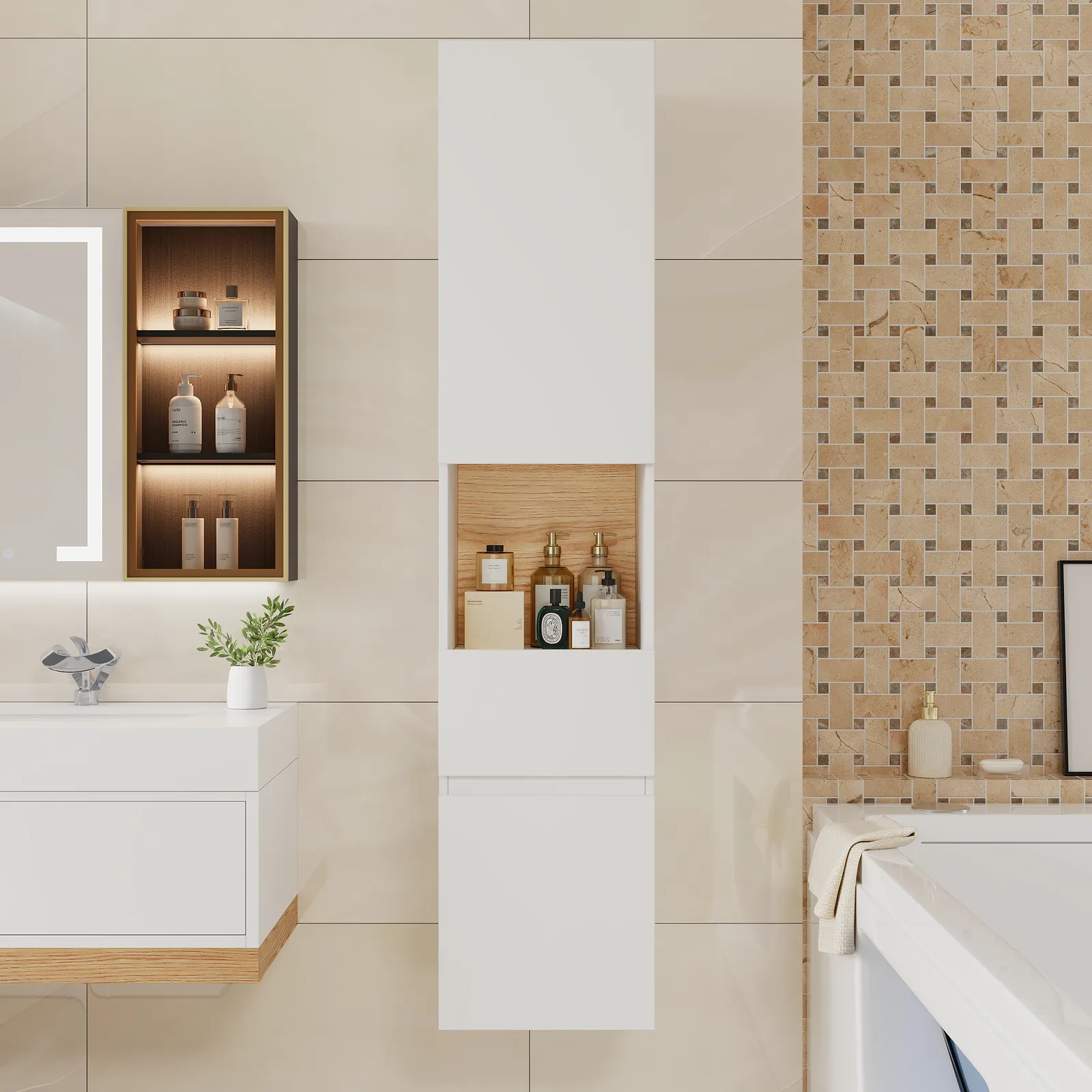 Homary Bathroom Cabinet | High Cabinet Natural & White - 35 x 35 x 160 cm,With Drawers