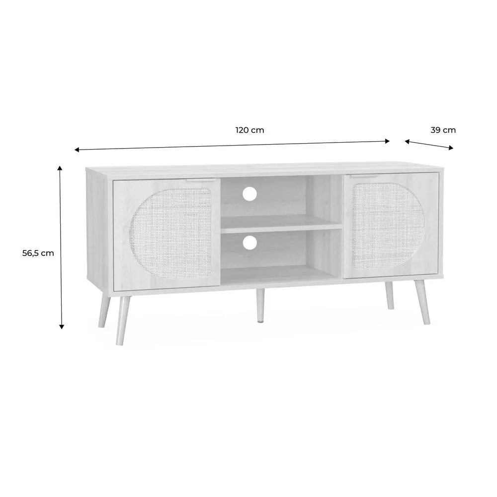 sweeek 120cm Tv Unit Woodenn Effect Rounded Cane Rattan 2 Doors in Light Brown 5