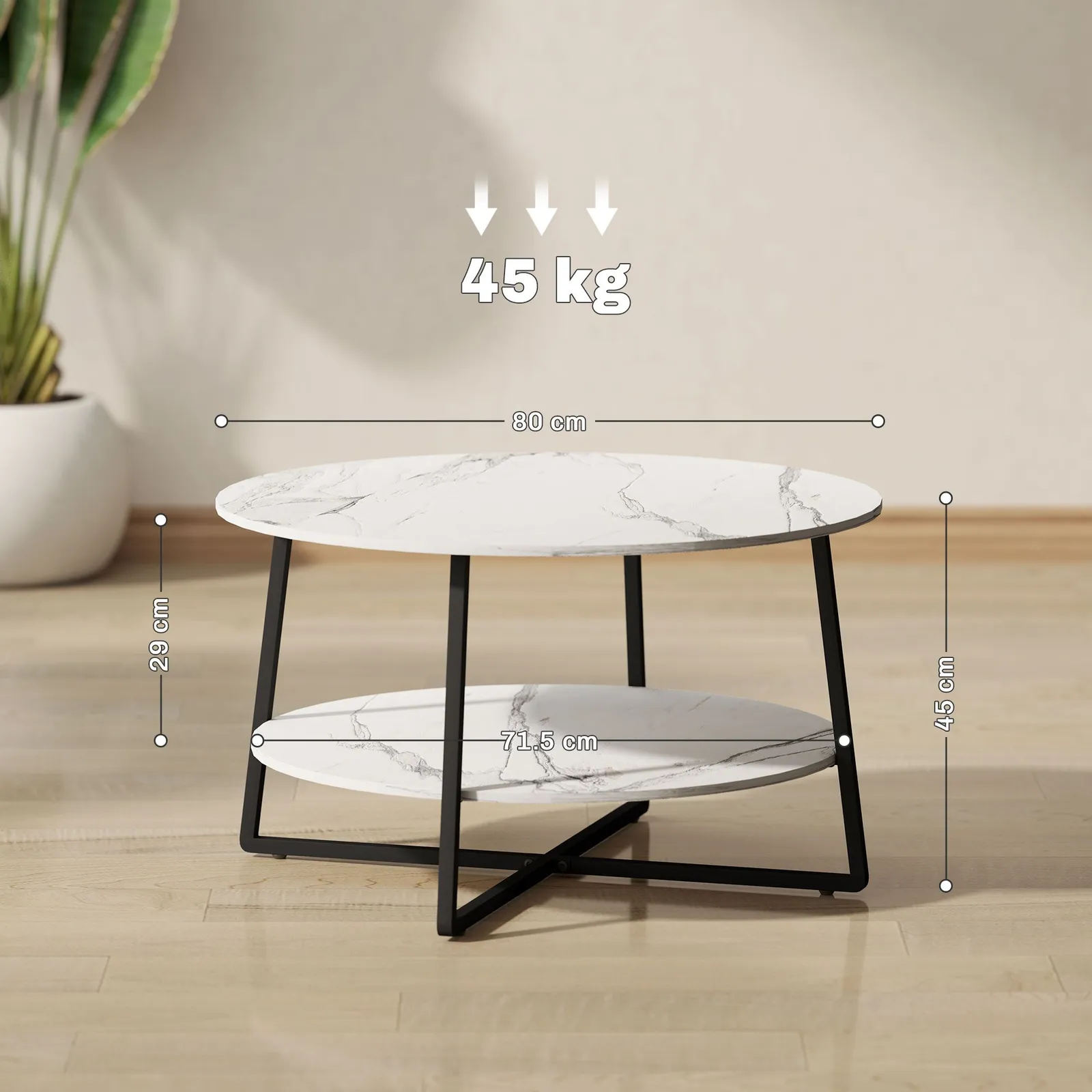 HOMCOM Round Coffee Table with Storage Shelf & Marble Effect Top, White 3
