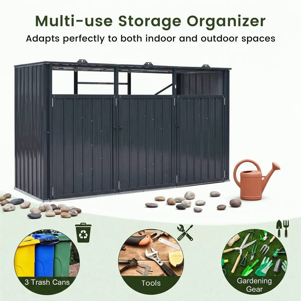 Costway 3-Bin Metal Trash Can Storage Shed 7.8x2.6FT Garbage Shed Flip-Up Lids in Grey 5
