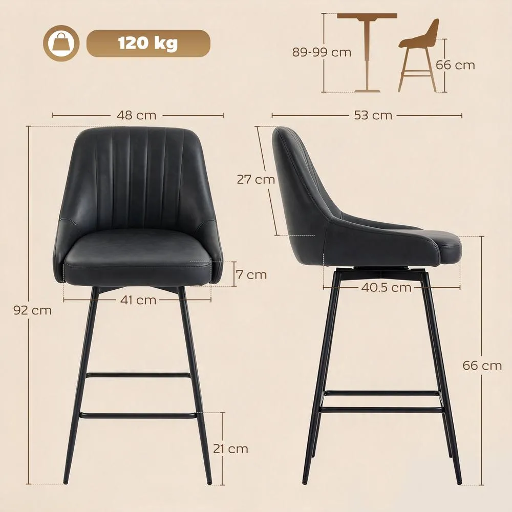 HOMCOM Vintage Bar Stools Set of 2, PU Leather, Footrest, Dark Grey 3