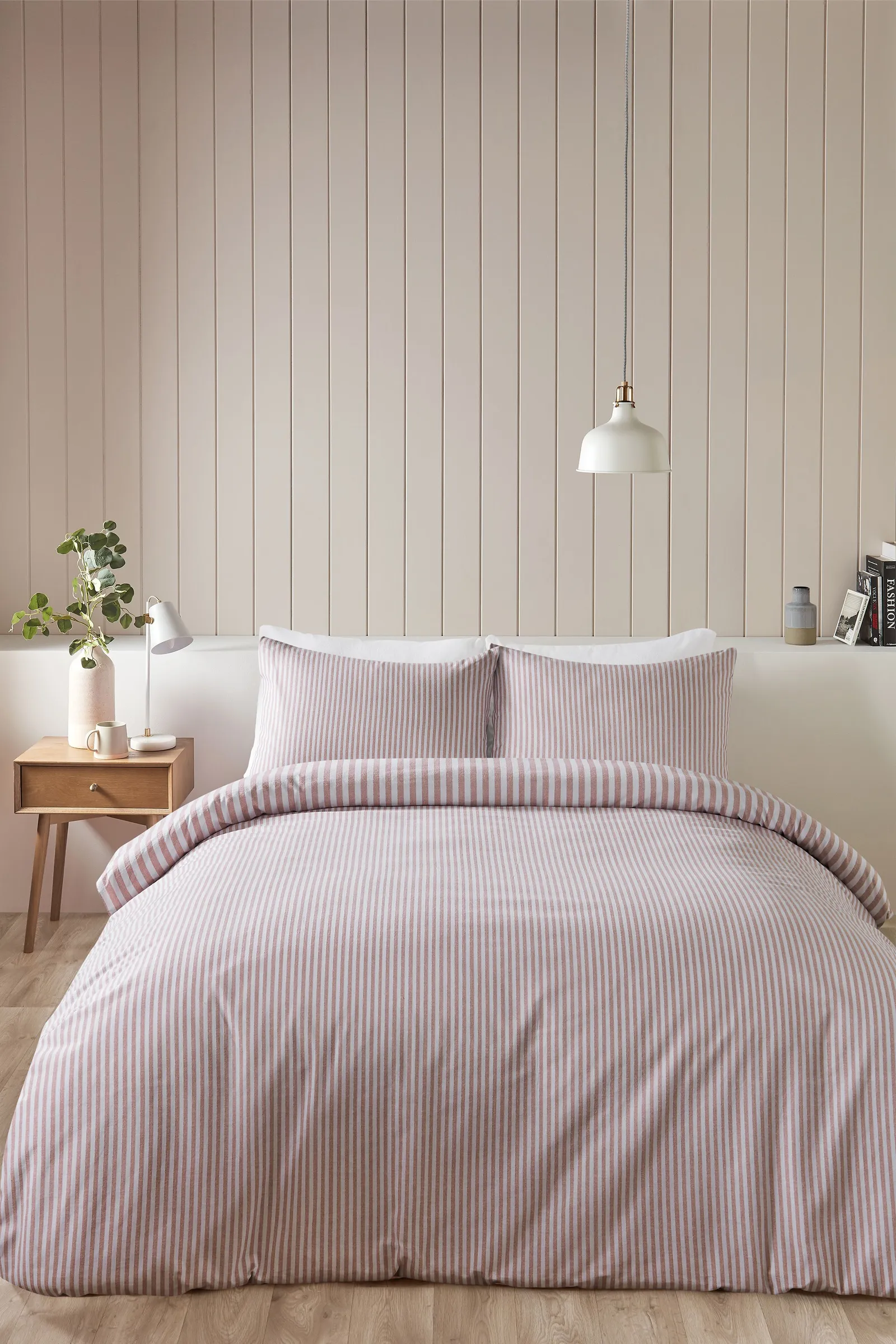 Catherine Lansfield Brushed Stripe 100% Cotton Duvet Cover Set in Pink 2