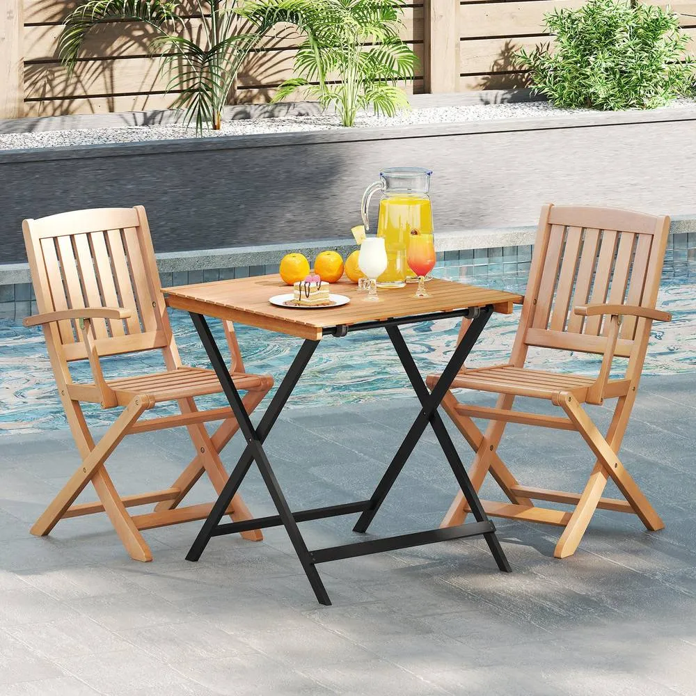 Costway 70CM Patio Folding Table Acacia Wood Square Table in Khaki 5