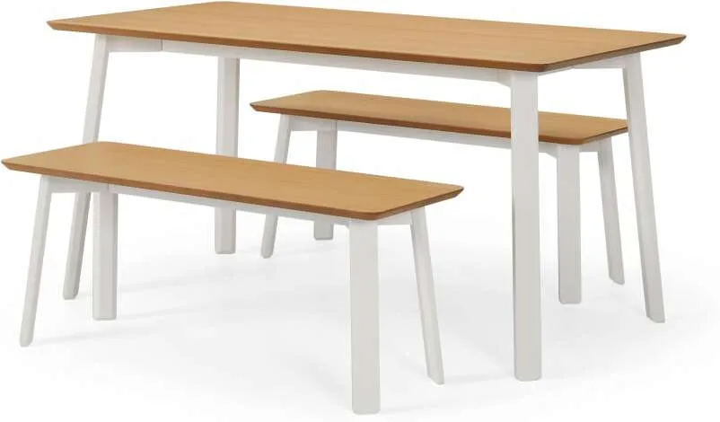 Asuna Dining Table & Bench Set, Oak & Ivory White