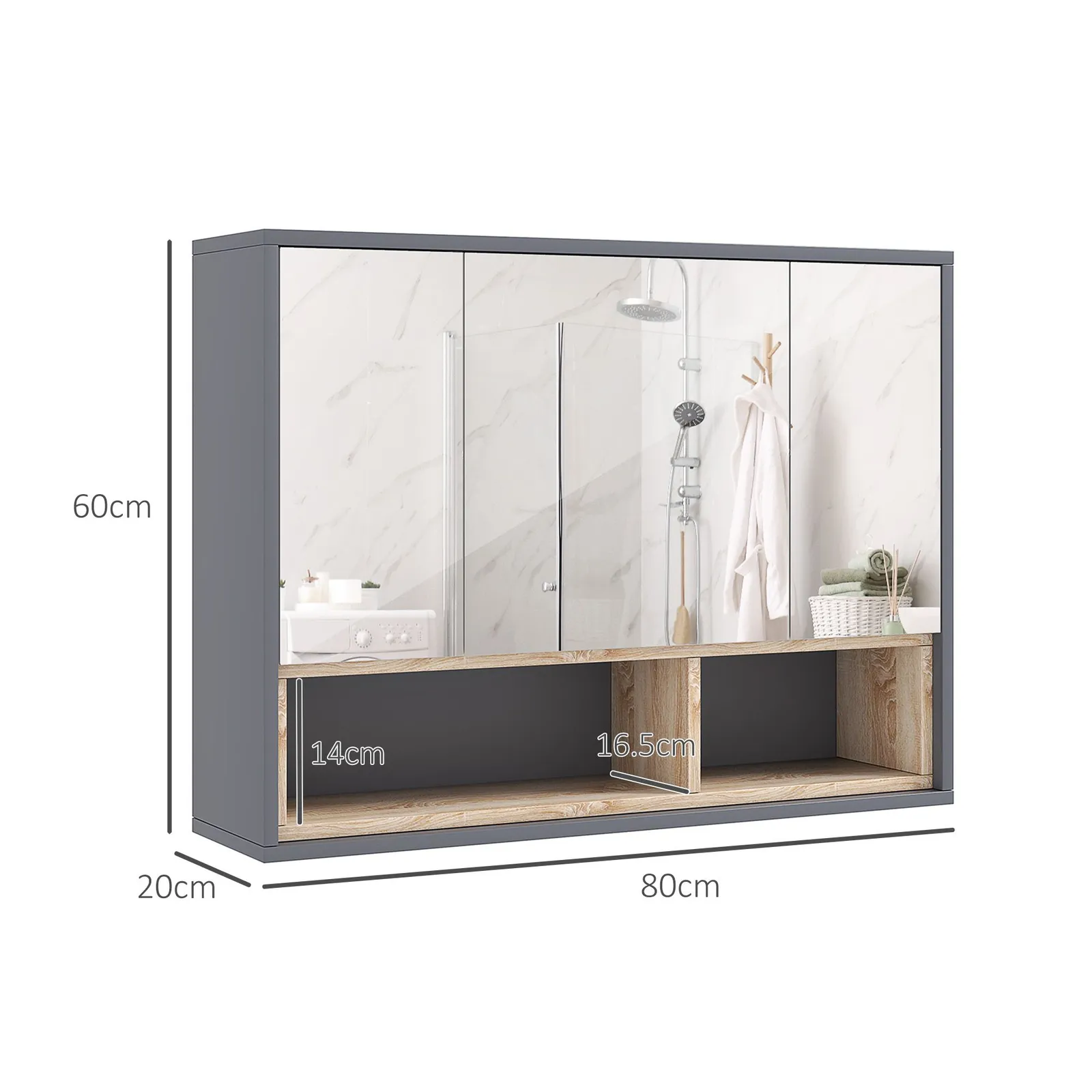HOMCOM Bathroom Cabinet Wall Mounted Mirror Storage with Shelves Grey 3
