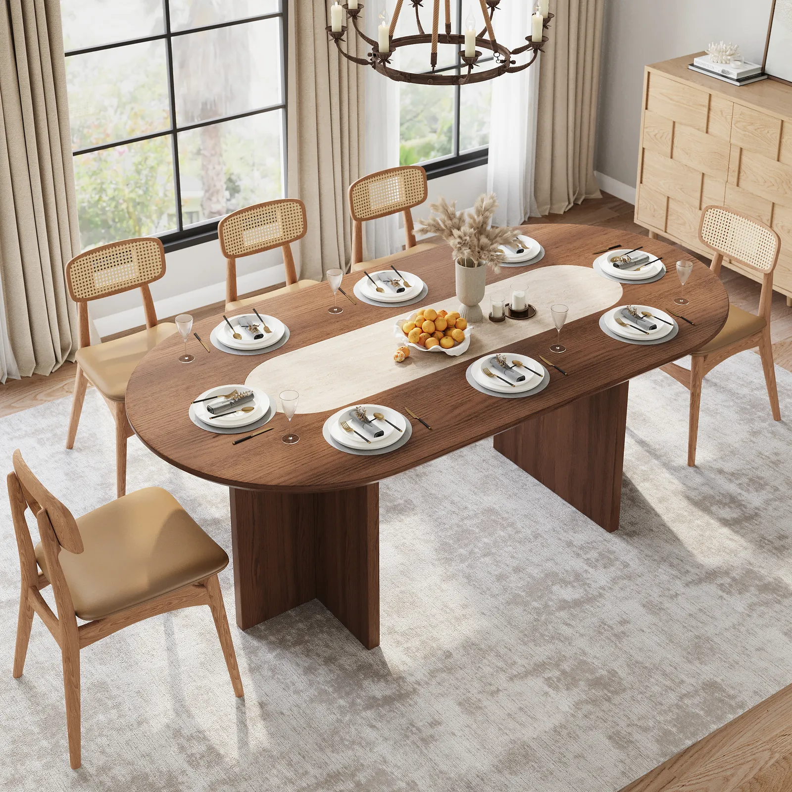 Mid-Century Oval Dining Table with Faux Marble Top and Plywood Base for 8 People Modern