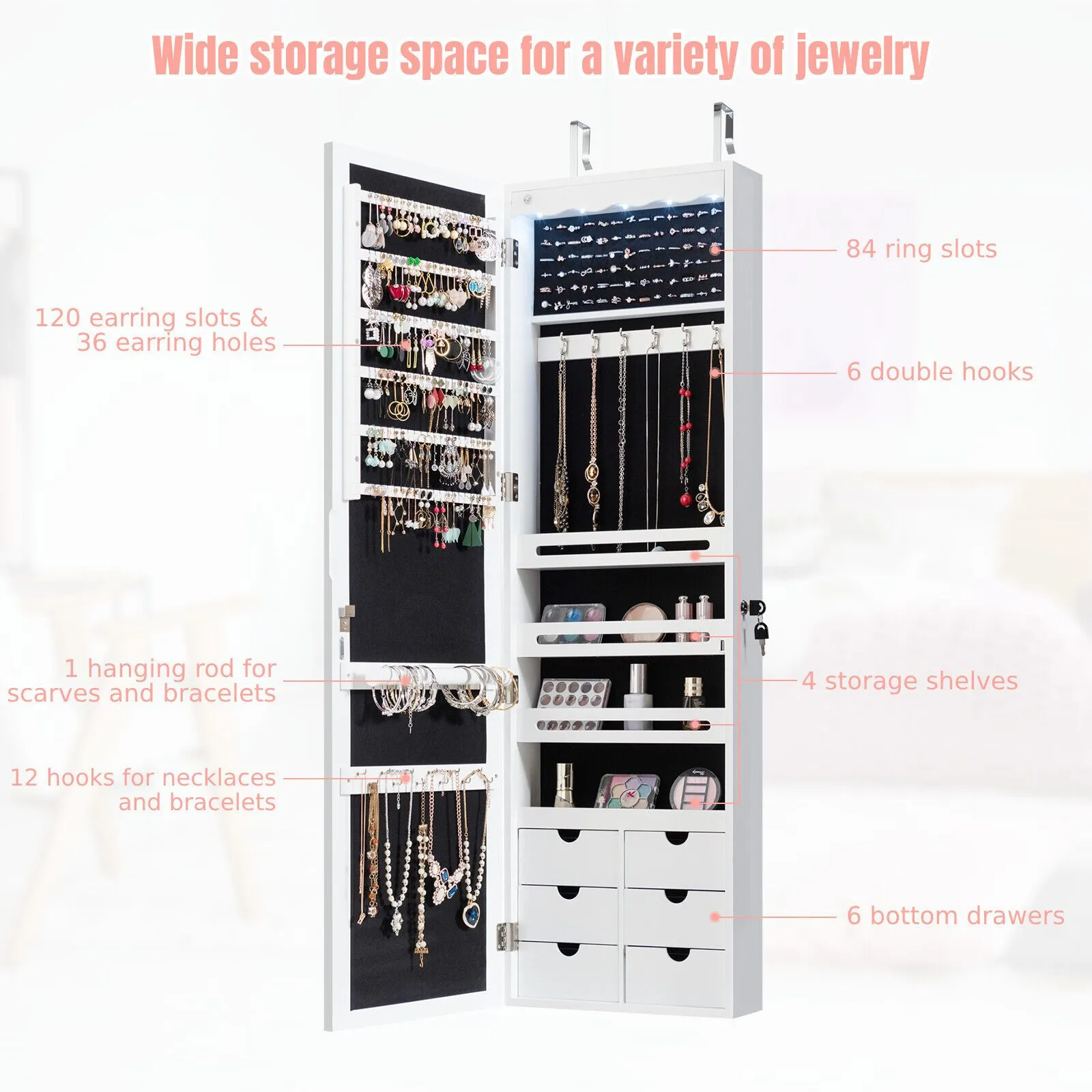 Costway Jewelry Cabinet 5 LED Lights Wall/Door Mounted Jewelry Armoire w/ Mirror in White 3