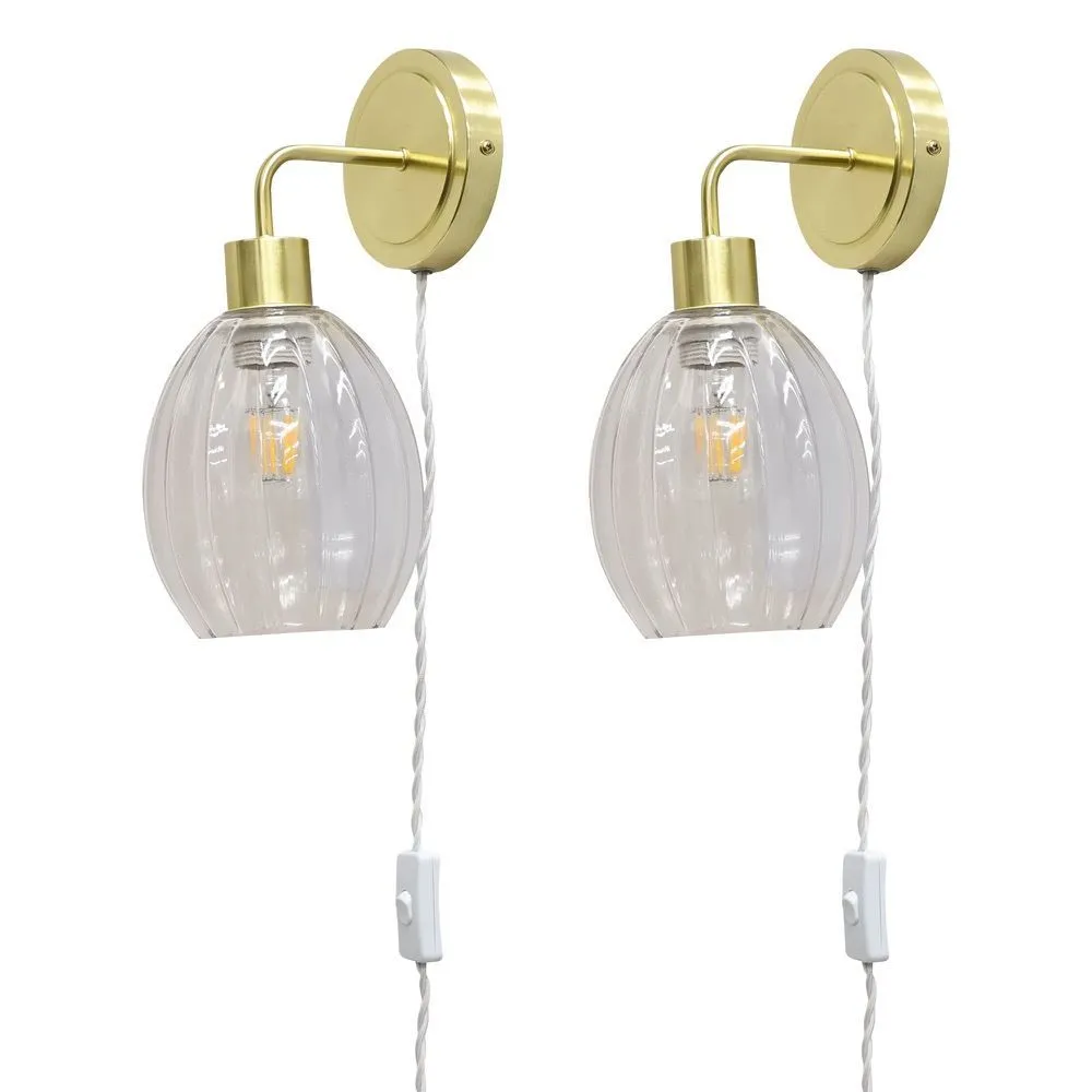 First Choice Lighting Set of 2 Toby - Satin Brass Plug in Wall Lights Fluted Shades in Gold