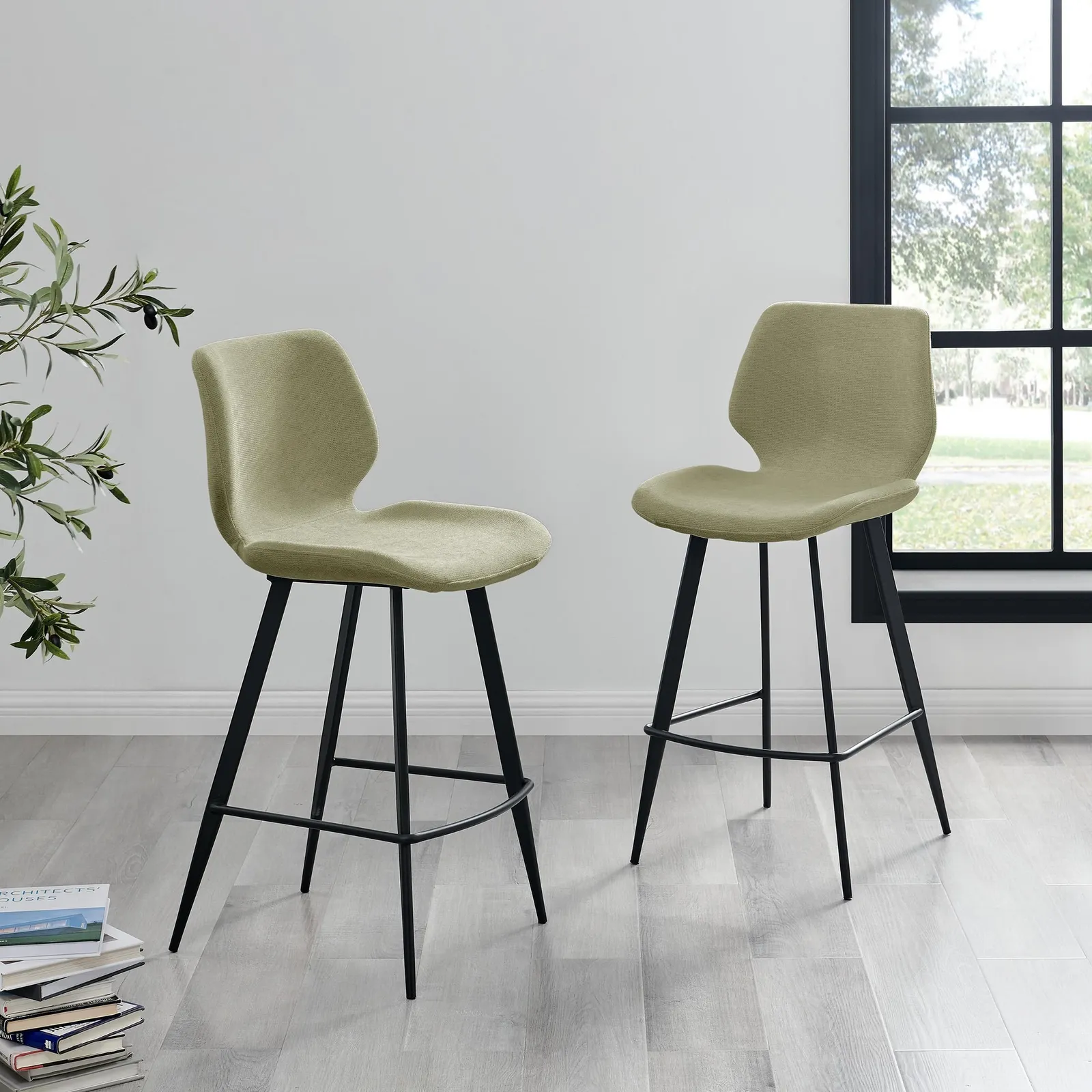 FurnitureboxUK Nyla Set of 2 Fabric Black Leg Counter Stools in Light Green 2