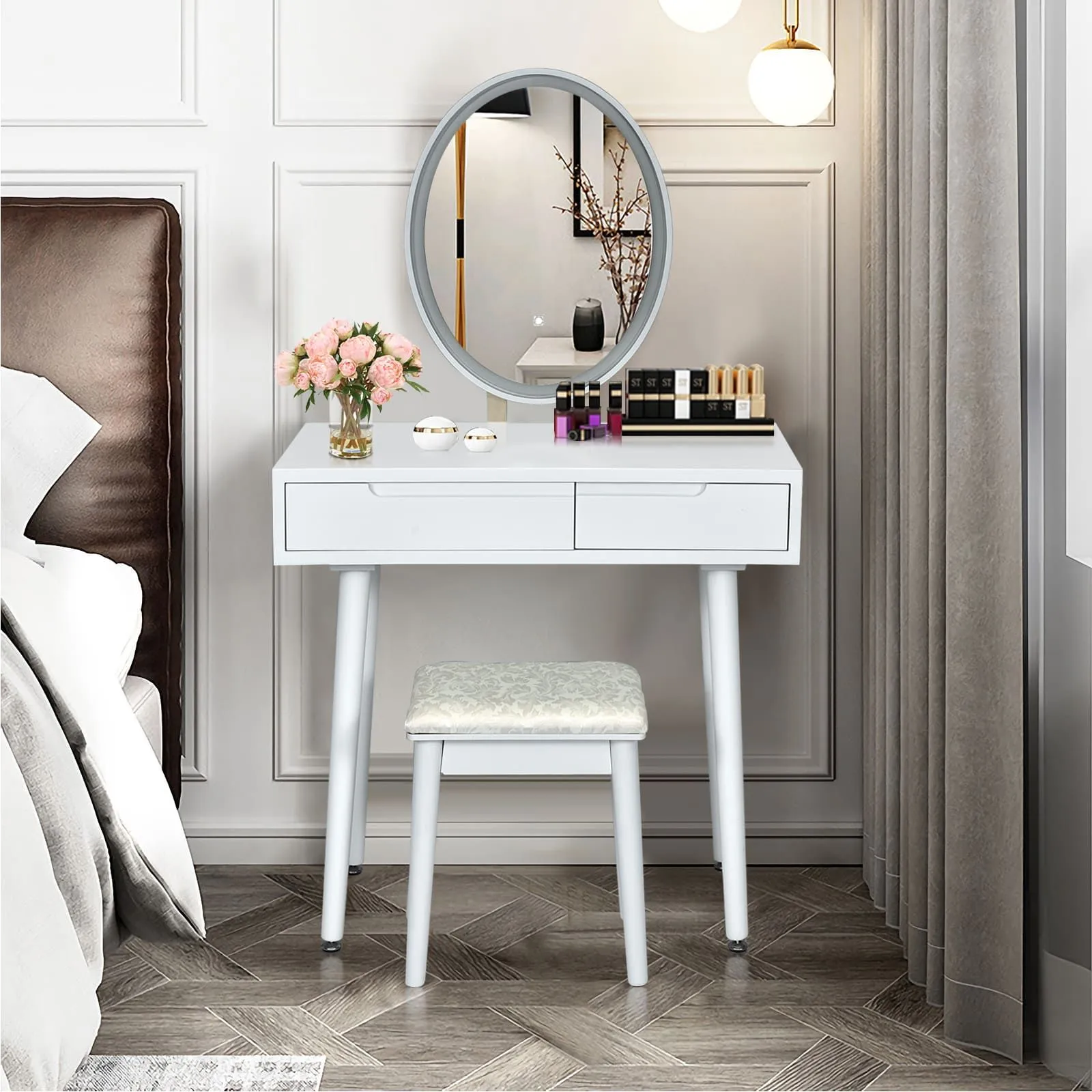Costway Vanity Table Set with Lighted Mirror & 3 Color Lighting Modes in White 3