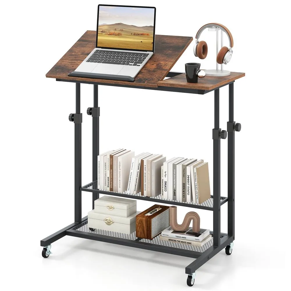 Costway Mobile Stand up Desk Height Adjustable Sit Stand Desk-Brown in Brown