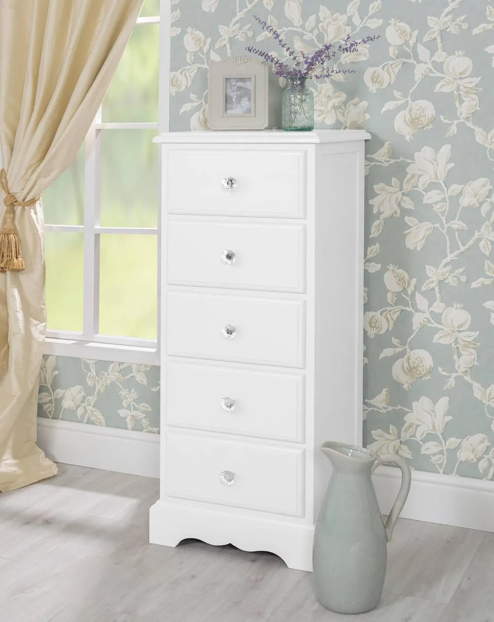 Statement Furniture Romance 5 Drawer Tallboy with Crystal Handles in Cool White 3