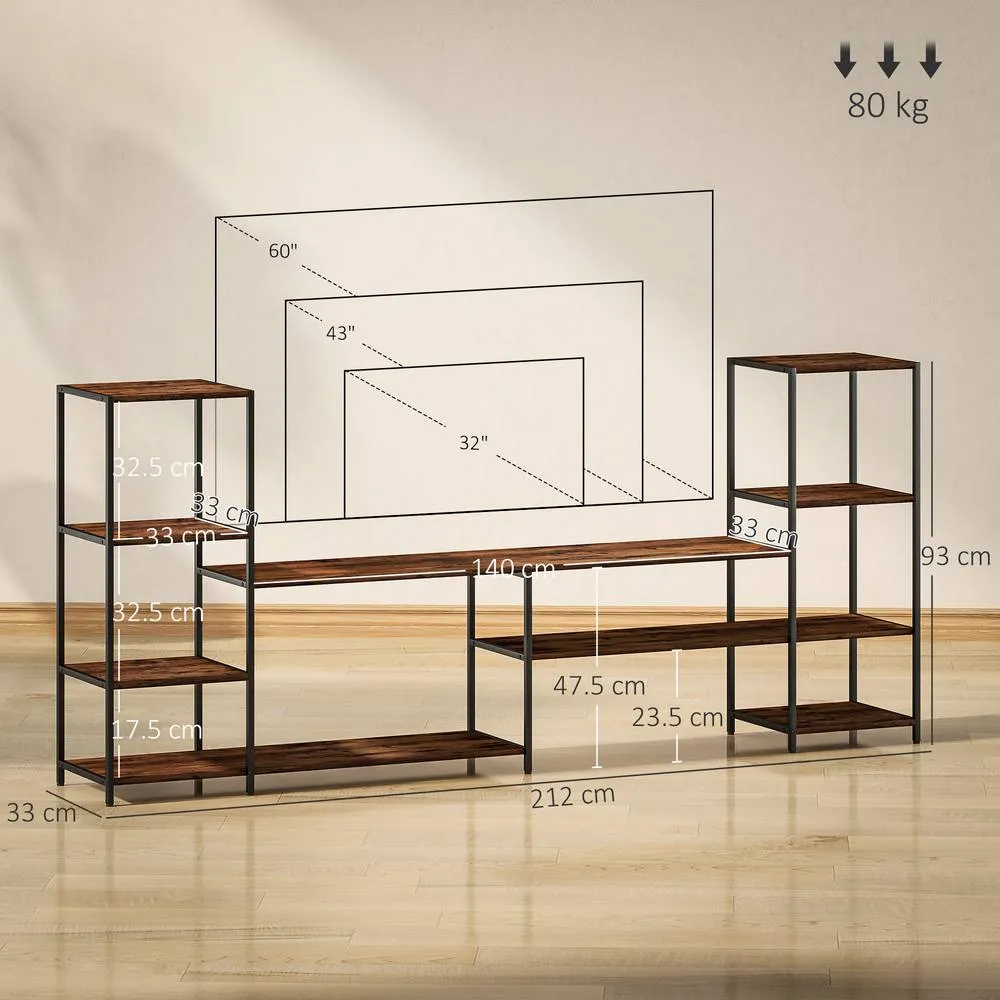 HOMCOM TV Unit for TVs up to 60 Inches, Industrial TV Stand with Shelves in Brown 3