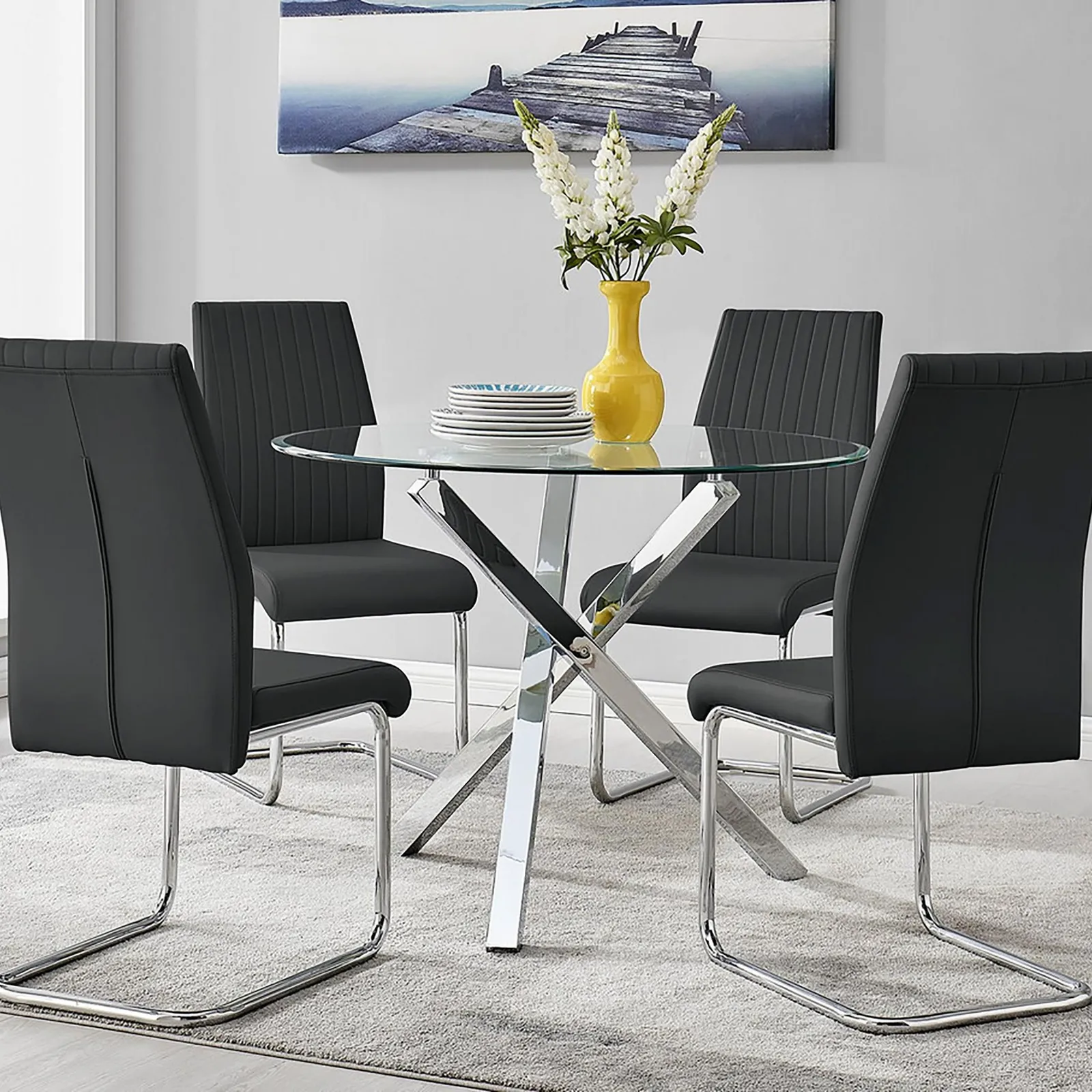 FurnitureboxUK Selina Round Glass & Chrome Metal Dining Table & Lorenzo Chairs Set in Black 1