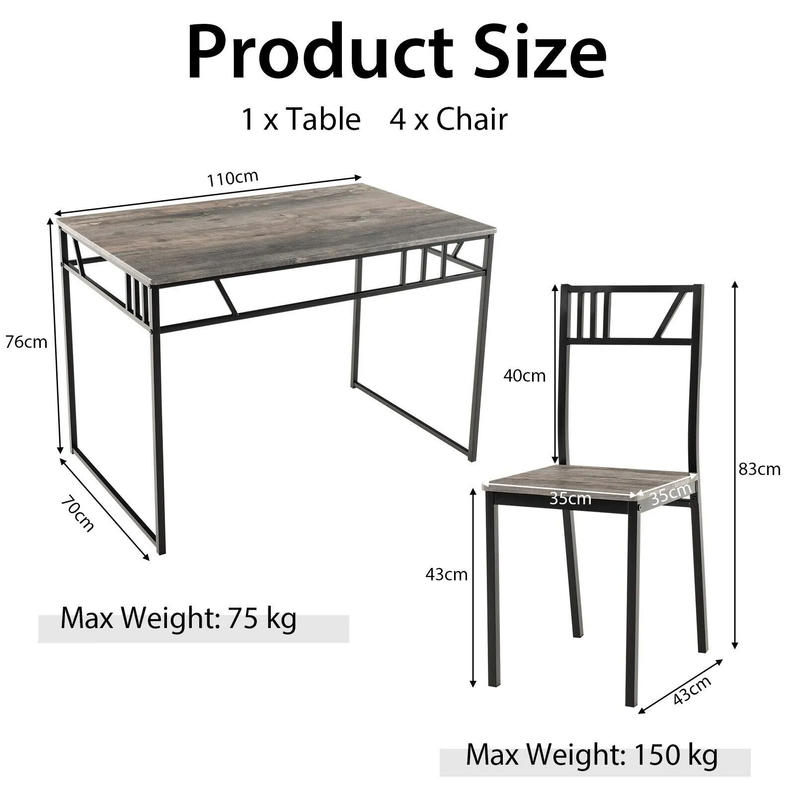 Costway Industrial 5 Piece Dining Table Set Kitchen Table & 4 Chairs Rectangular Table in Grey 2
