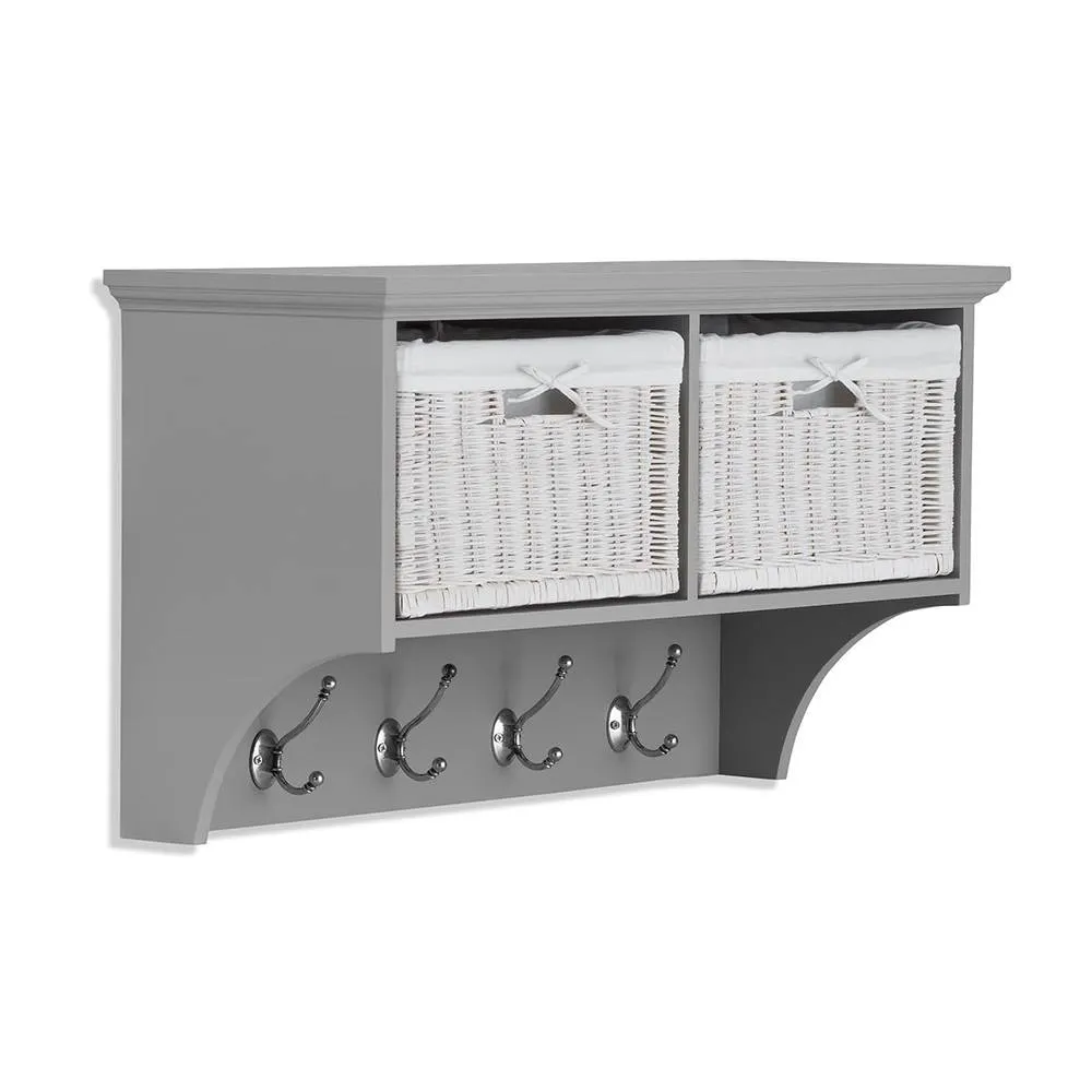 Statement Furniture Tetbury Small Hallway Coat Rack / Shelf with Wicker Storage Baskets in Light Grey 2