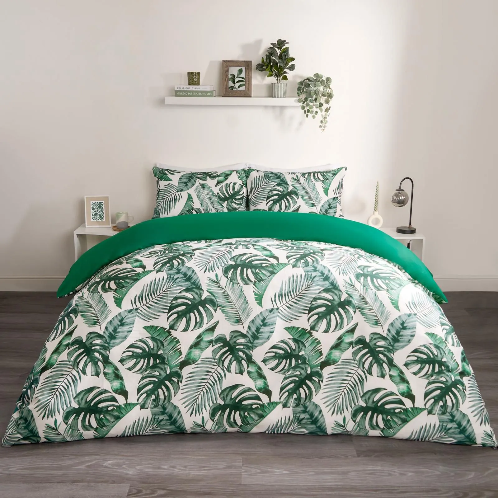 OHS Tropical Leaf Duvet Cover Reversible Bedding Set in Dark Green