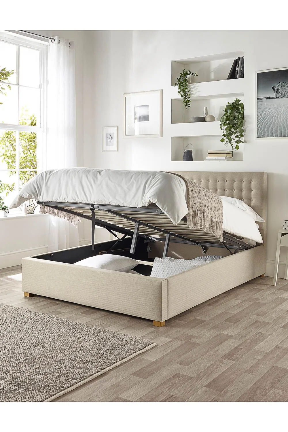 Catherine Lansfield Opulence Ottoman Storage Bed in Saxon Twill Fabric, Custom Made in Natural 3
